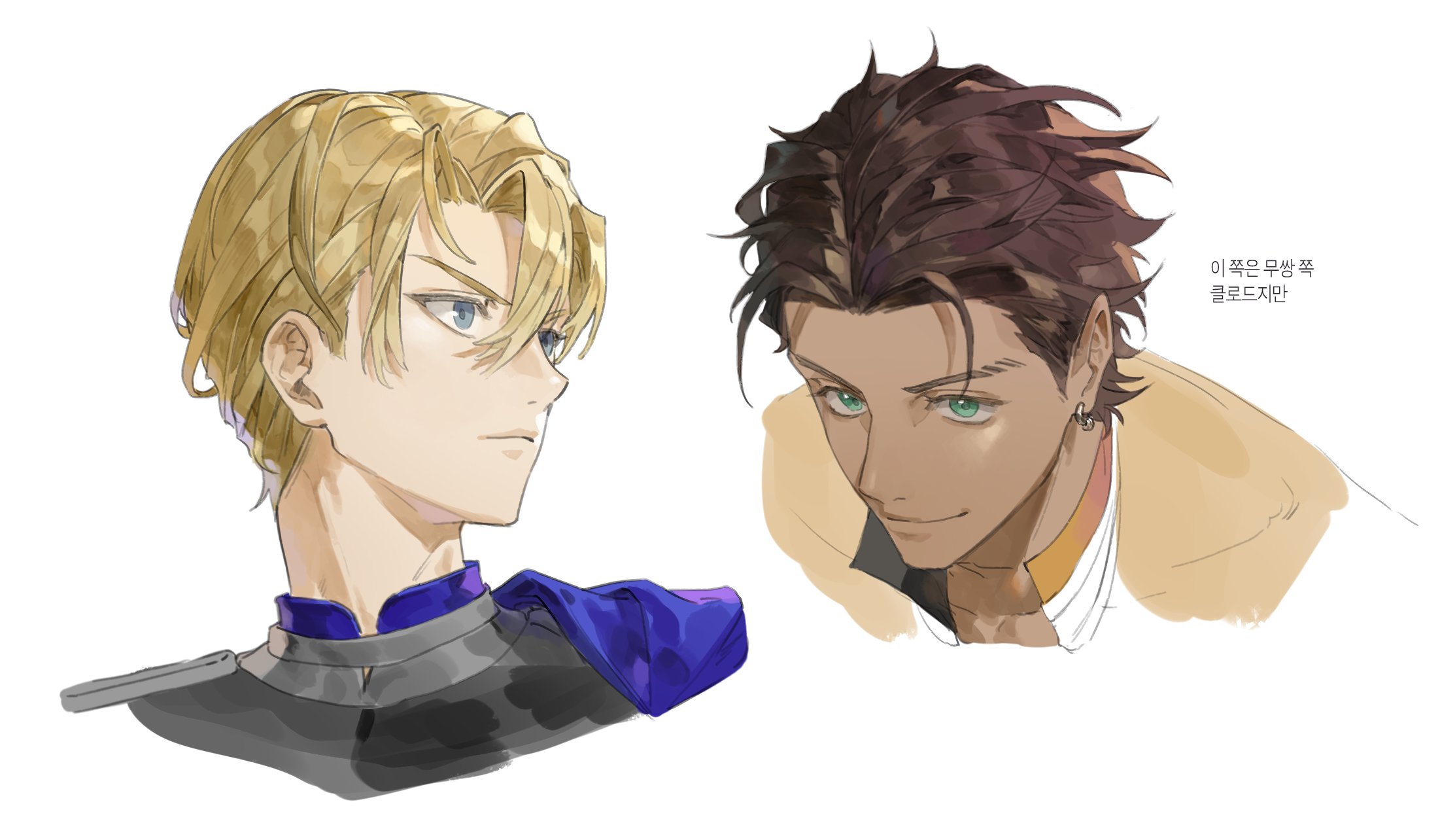 potato goril, claude von riegan, dimitri alexandre blaiddyd, fire emblem, fire emblem: three houses, nintendo, commentary request, highres, korean commentary, translation request, unfinished, 2boys, blue cape, blue eyes, blue hair, brown hair, cape, closed mouth, cropped shoulders, dark-skinned male, dark skin, earrings, eyelashes, green eyes, hair between eyes, jewelry, korean text, male focus, multiple boys, parted hair, piercing, popped collar, short sideburns, side cape, simple background, smile, wavy hair, white background
