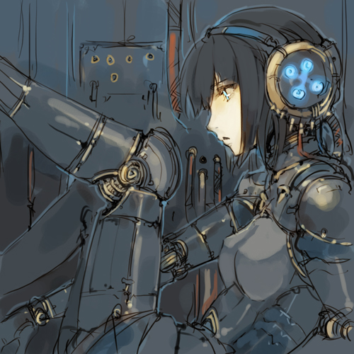 tko (artist), tko (kkk66), metis (persona), persona, persona 3, lowres, 1girl, android, black hair, doll joints, female focus, headphones, joints, short hair, solo