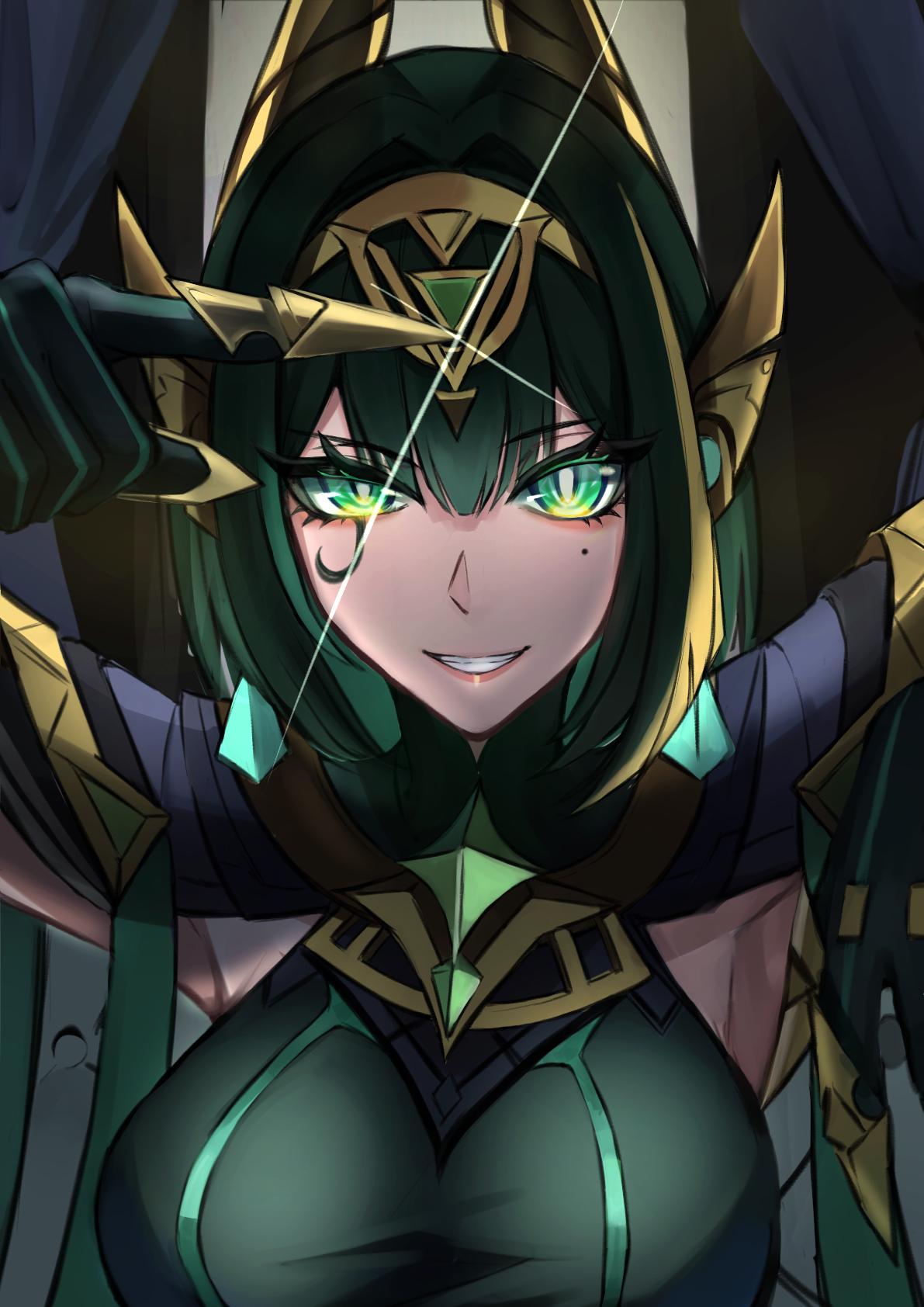 nefer (genshin impact), genshin impact, highres, 1girl, armpits, breasts, gloves, green eyes, green hair, grin, hair between eyes, hair ornament, headgear, headpiece, large breasts, looking at viewer, medium hair, mole, mole under eye, short hair, smile, solo, teeth, upper body, user yerf5583