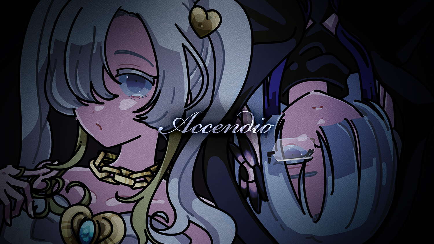 isekaijoucho, kamitsubaki studio, 2girls, chain, dress, dual persona, flower, glasses, grey eyes, grey hair, hair flower, hair ornament, hair over one eye, heart, heart hair ornament, jewelry, mohe onpu, multiple girls, ring, rotational symmetry, twintails, upper body