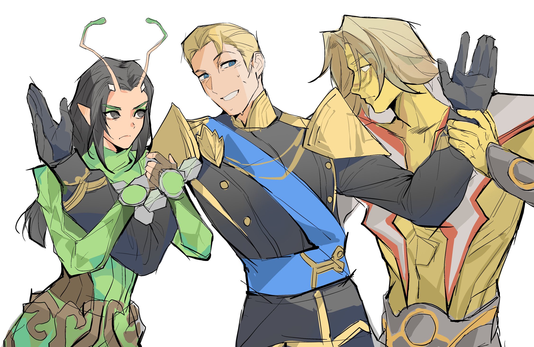 songtanshui02, adam warlock, mantis (marvel), peter quill, star-lord, guardians of the galaxy, marvel, marvel rivals, chinese commentary, highres, 1girl, 2boys, alien, antennae, black eyes, black gloves, black hair, blonde hair, blue sash, bright pupils, covered abs, epaulettes, eyeshadow, formal clothes, gloves, grabbing another's arm, green eyeshadow, hair slicked back, jealous, long hair, looking at another, looking to the side, low-tied long hair, makeup, multiple boys, muscular, muscular male, nervous, nervous smile, no pupils, official alternate costume, pointy ears, sash, short hair, sketch, smile, upper body, white background, white pupils