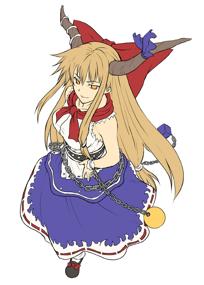 jony (avion mura), ibuki suika, touhou, bad id, bad pixiv id, 1girl, aged up, female focus, full body, horns, simple background, smile, solo, standing, white background