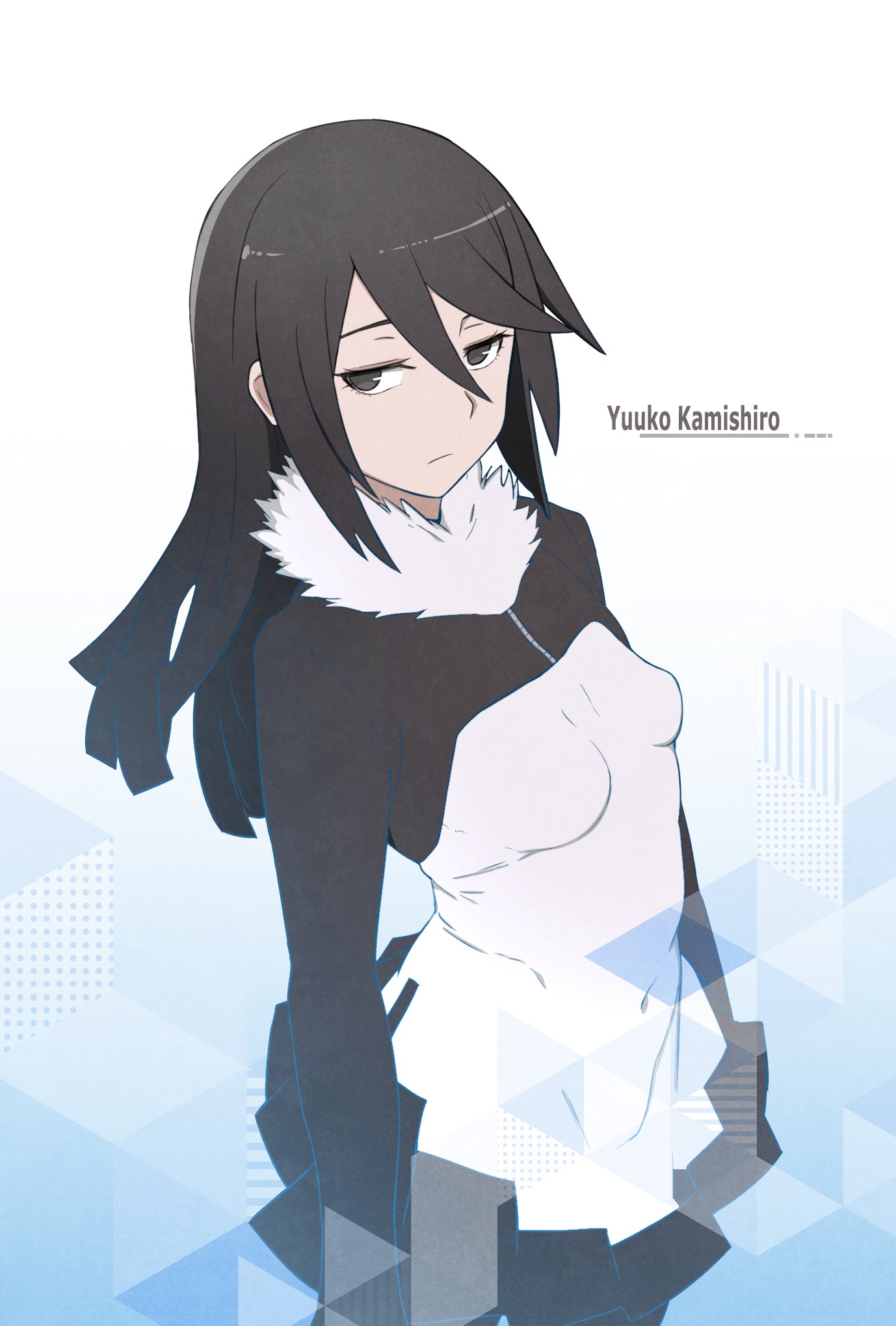 ayu (ddestiny944), kamishiro yuuko, digimon, digimon story: cyber sleuth, highres, 1girl, black dress, black eyes, black hair, breasts, dress, impossible clothes, impossible dress, long hair, short dress, small breasts, solo, two-tone dress, white dress