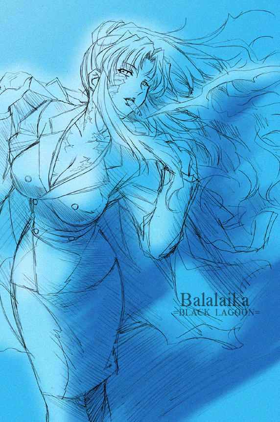 kuroda akimi, balalaika (black lagoon), black lagoon, 00s, 1girl, blue background, blue theme, breasts, business suit, cigar, cleavage, female focus, formal clothes, jacket, large breasts, long hair, miniskirt, mole, mole under eye, monochrome, pantyhose, pencil skirt, scar, skirt, skirt suit, smoking, solo, suit