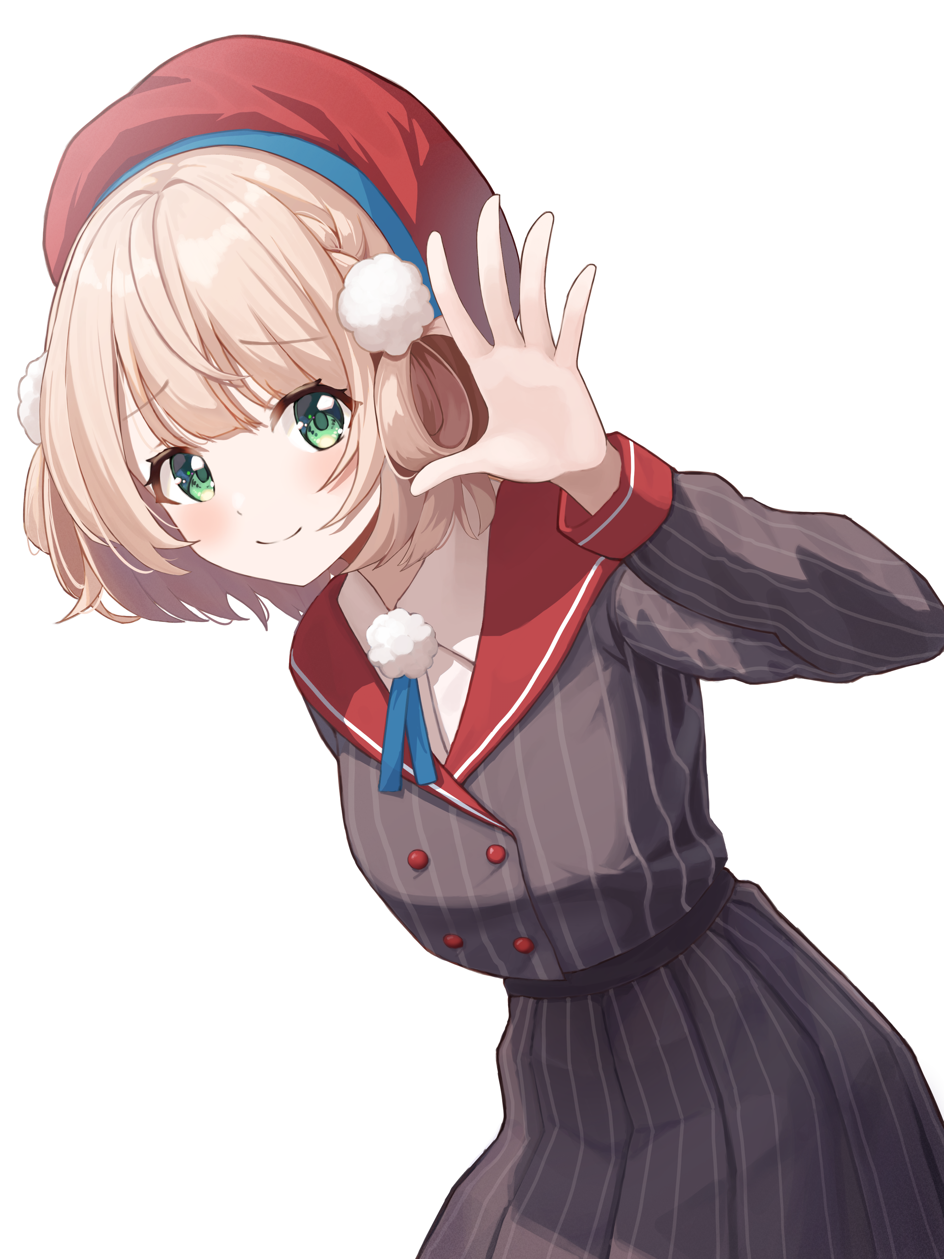 rakun, shigure ui (vtuber), indie virtual youtuber, absurdres, commentary request, highres, 1girl, beret, blonde hair, closed mouth, cowboy shot, green eyes, grey jacket, grey skirt, hair ornament, hair rings, hand up, hat, jacket, looking at viewer, medium hair, pleated skirt, pom pom (clothes), pom pom hair ornament, raised inner eyebrows, red hat, simple background, skirt, smile, solo, split mouth, standing, striped clothes, striped jacket, striped skirt, vertical-striped clothes, vertical-striped jacket, vertical-striped skirt, virtual youtuber, waving, white background