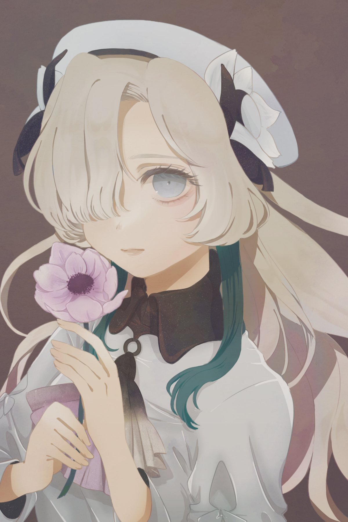 isekaijoucho, kamitsubaki studio, highres, 1girl, beret, blue eyes, dress, expressionless, flower, green hair, grey hair, hair over one eye, hat, holding, holding flower, long hair, looking at viewer, mohe onpu, multicolored hair, solo, two-tone hair, upper body