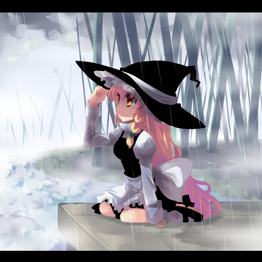 shin (new), kirisame marisa, touhou, 1girl, blonde hair, braid, female focus, hat, letterboxed, rain, sitting, solo, wariza, witch, witch hat, yellow eyes
