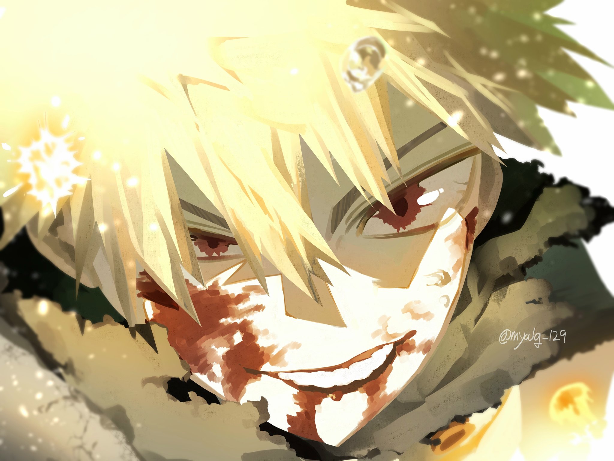 bakugou katsuki, boku no hero academia, commentary request, highres, korean commentary, 1boy, black shirt, blood, blood on face, close-up, grin, injury, looking at viewer, male focus, myalg 129, red eyes, shirt, smile, solo, sparks, teeth, twitter username, uneven eyes, white background