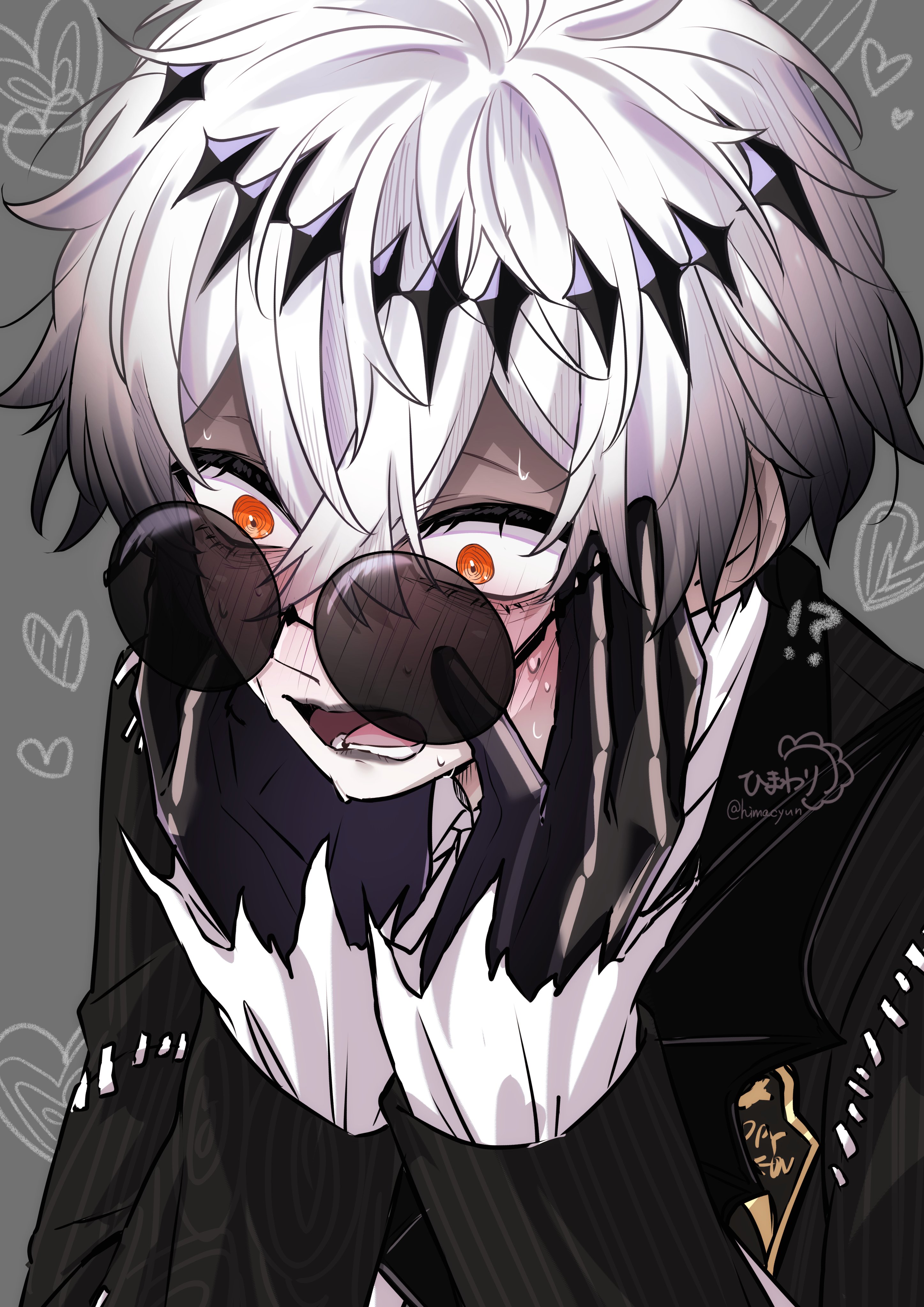 yume kawa yume, skully j. graves, twisted wonderland, absurdres, highres, 1boy, ascot, black crown, black gloves, blush, crown, diamond hairband, formal clothes, gloves, jacket, long sleeves, looking at viewer, male focus, missing tooth, open mouth, pinstripe jacket, pinstripe pattern, pinstripe suit, pinstripe vest, round eyewear, short hair, skeleton, skeleton print, solo, stitches, striped clothes, striped jacket, striped vest, suit, sunglasses, vertical-striped clothes, vertical-striped jacket, vertical-striped vest, vest, white hair