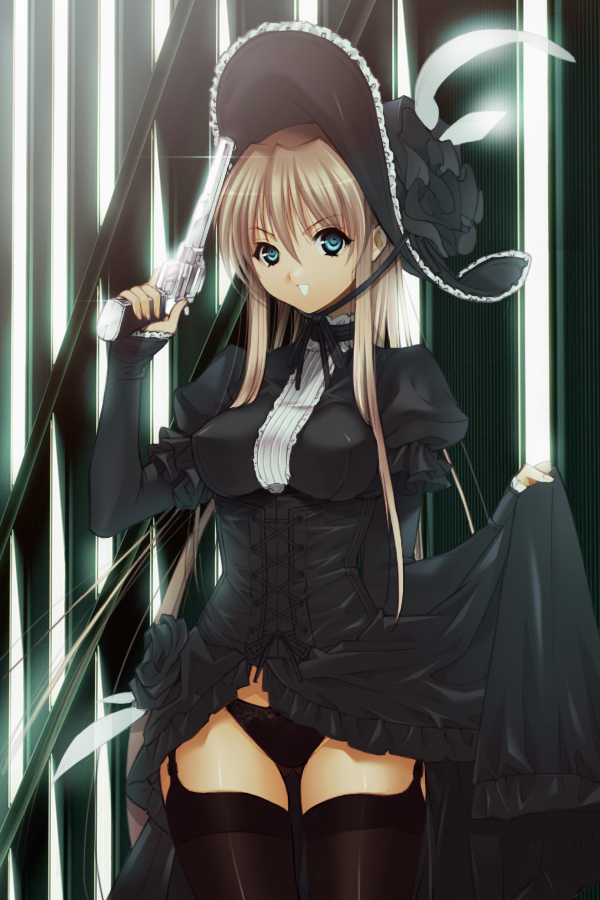yagami akira (dream theater), original, bad id, bad pixiv id, 1girl, black dress, black panties, black thighhighs, blonde hair, blue eyes, clothes lift, dress, dress lift, female focus, frills, garter belt, goth fashion, gun, handgun, hat, long hair, panties, revolver, solo, standing, thighhighs, underwear, weapon