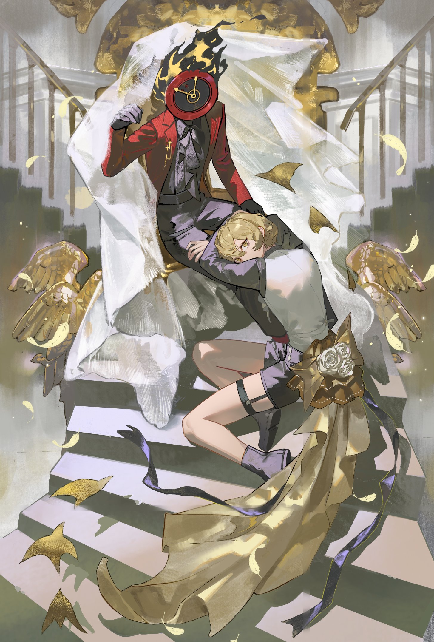 hoyapaint, dante (limbus company), sinclair (project moon), limbus company, project moon, highres, 1boy, 1other, black gloves, black pants, black shirt, black shoes, black shorts, blonde hair, feathered wings, flower, formal clothes, full body, garter straps, gloves, looking at viewer, object head, pants, plume, red suit, shirt, shoes, short hair, shorts, sitting, suit, thigh strap, vest, white vest, wings, yellow eyes