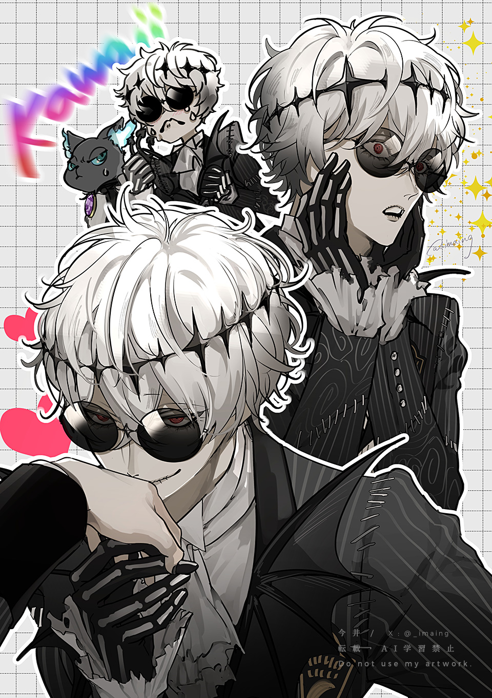 shinsuke (moccori), grim (twisted wonderland), skully j. graves, twisted wonderland, highres, 1boy, animal ears, ascot, black crown, black gloves, black hair, blue eyes, cat, creature, crown, diamond hairband, formal clothes, gloves, jacket, long sleeves, looking at viewer, male focus, pinstripe jacket, pinstripe pattern, pinstripe suit, pinstripe vest, round eyewear, short hair, skeleton, skeleton print, smile, solo, stitches, striped clothes, striped jacket, striped vest, suit, sunglasses, vertical-striped clothes, vertical-striped jacket, vertical-striped vest, vest, white background, white hair