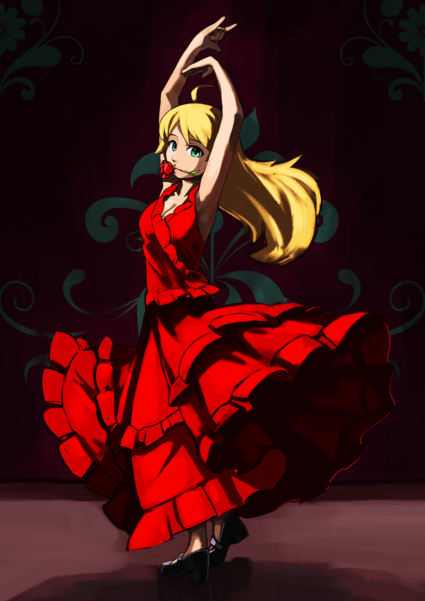 hirosato, hoshii miki, idolmaster, idolmaster (classic), highres, 00s, 1girl, ahoge, aqua eyes, armpits, black shoes, blonde hair, breasts, cleavage, dancing, dress, female focus, flamenco, flower, flower in mouth, frills, gathers, green eyes, large breasts, long hair, looking at viewer, m/, mouth hold, no bra, red dress, rose, shoes, solo, spain