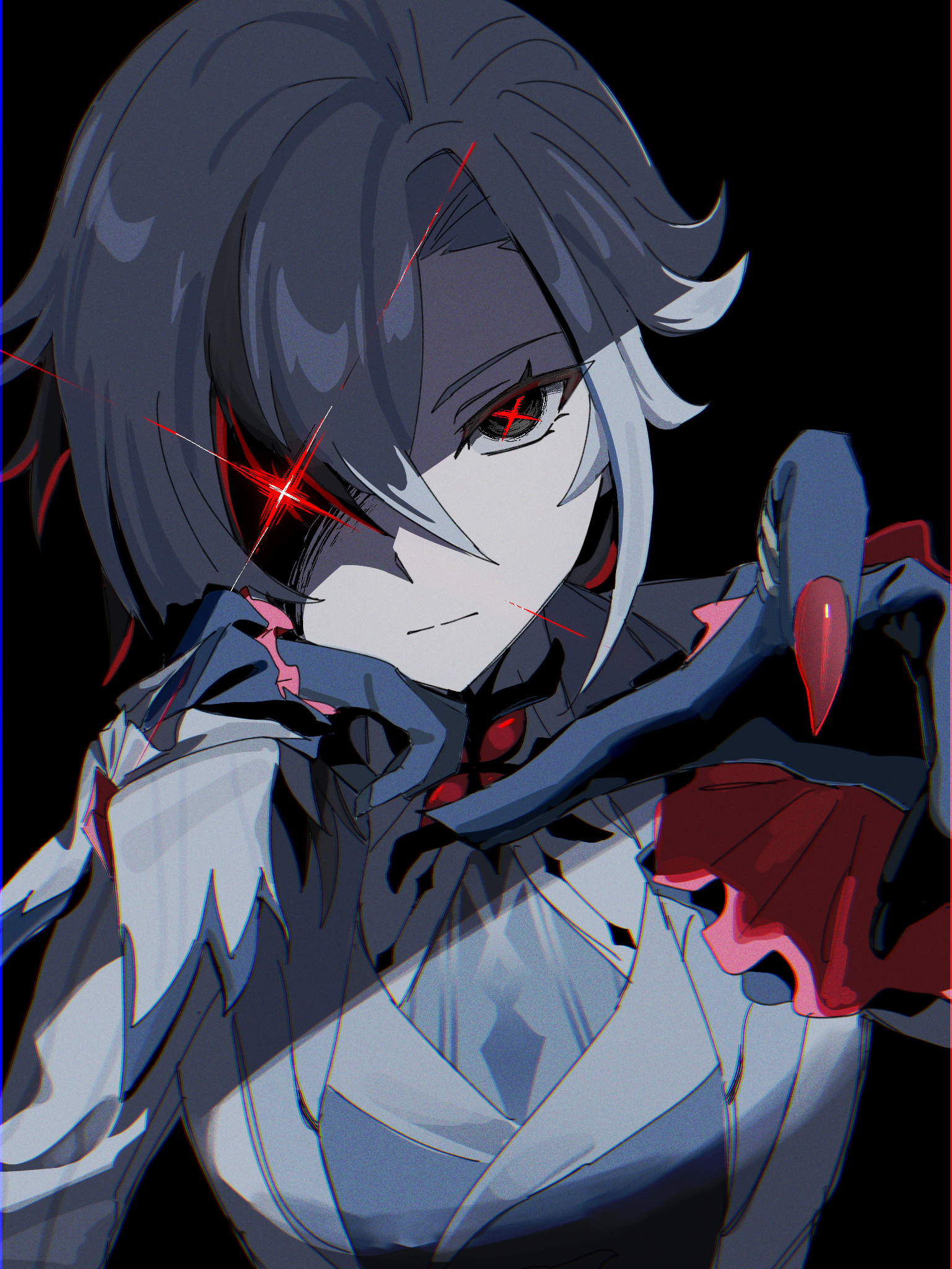 arlecchino (genshin impact), genshin impact, highres, 0715 fkt, 1girl, black eyes, black hands, colored extremities, glowing, glowing eye, reaching, reaching towards viewer, red pupils, symbol-shaped pupils, white hair, x-shaped pupils