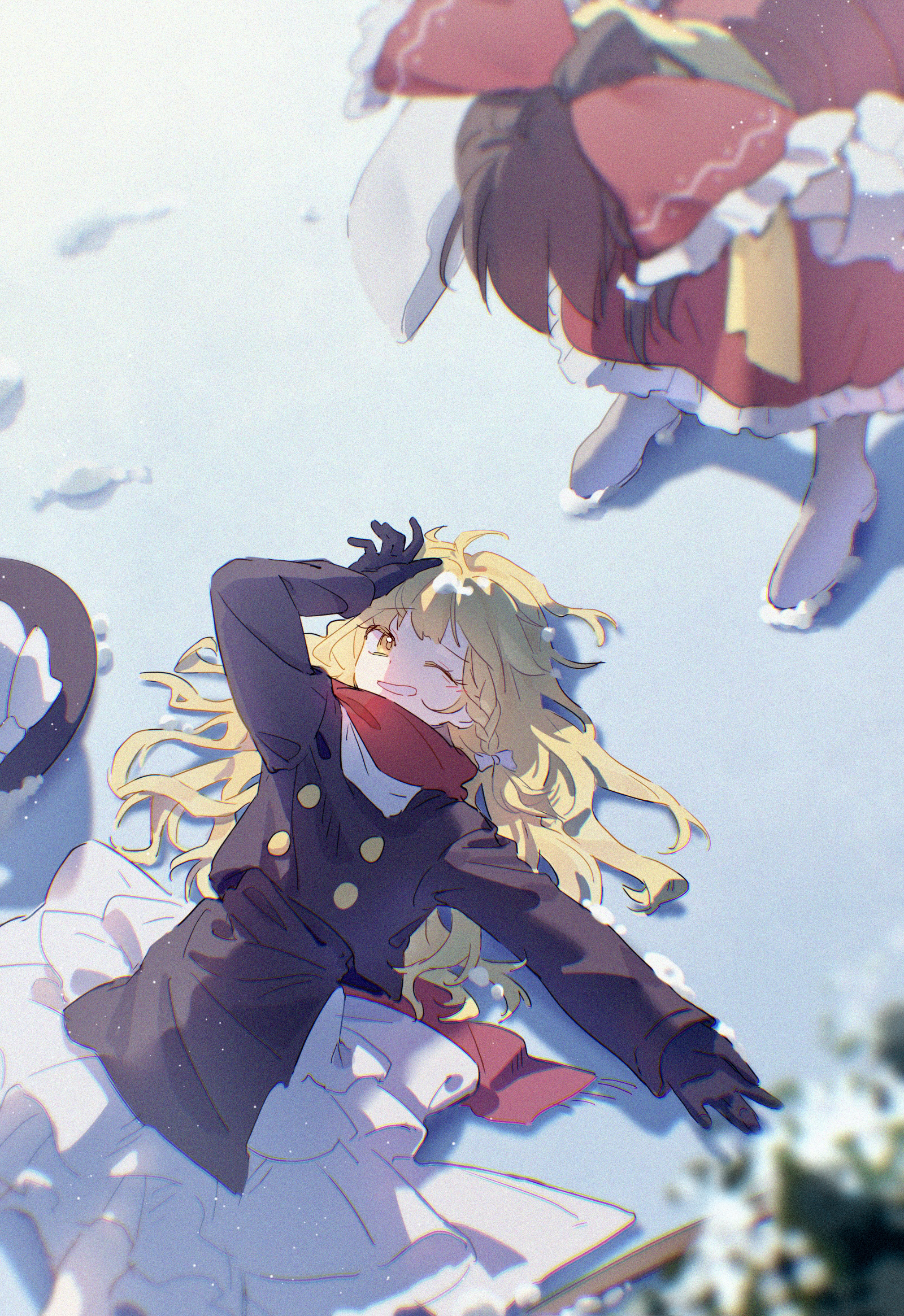 hakurei reimu, kirisame marisa, touhou, commentary request, highres, 2girls, black gloves, black hat, black jacket, blonde hair, boots, bow, braid, brown hair, buttons, detached sleeves, frilled bow, frilled hair tubes, frilled skirt, frills, from above, gloves, grin, hair bow, hair tubes, half updo, hand on own head, hat, hat bow, hunched over, jacket, layered skirt, long sleeves, looking at another, looking down, lying, multiple girls, on back, on ground, one eye closed, outdoors, outstretched arm, raised inner eyebrows, red bow, red scarf, red skirt, scarf, shirt, side braid, skirt, smile, snow, unworn hat, unworn headwear, white boots, white bow, white shirt, white skirt, white sleeves, winter, yellow eyes, yellow scarf, yinyuefeng