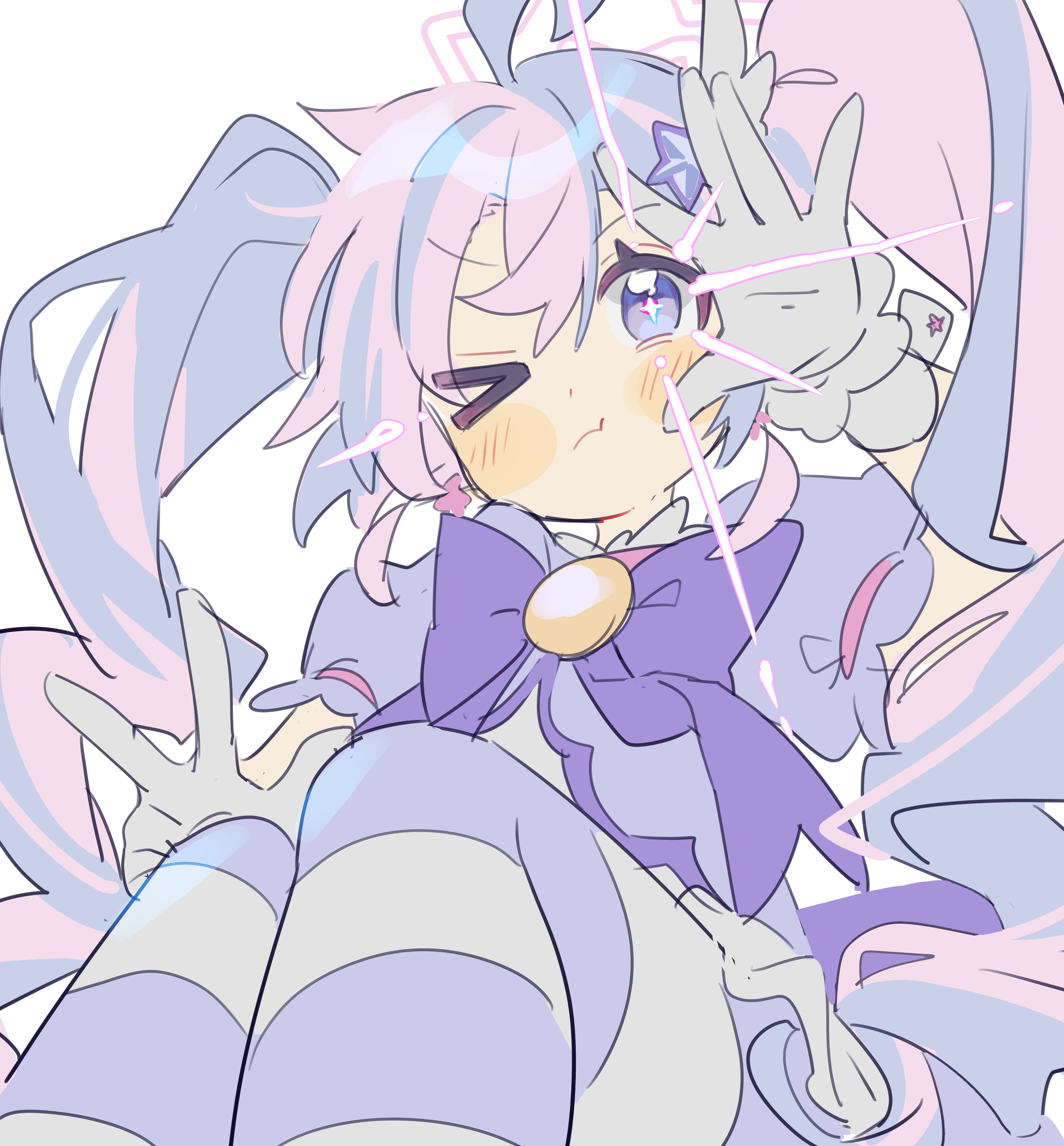 tokage (pr), reisa (blue archive), reisa (magical) (blue archive), blue archive, absurdres, highres, > o, 1girl, ahoge, blue hair, blush, bow, closed mouth, dress, gloves, hair ornament, jewelry, long hair, looking at viewer, multicolored hair, one eye closed, pink hair, puffy short sleeves, puffy sleeves, purple bow, purple eyes, purple hair, short sleeves, simple background, solo, star-shaped pupils, star (symbol), star hair ornament, star in eye, striped clothes, striped thighhighs, symbol-shaped pupils, symbol in eye, thighhighs, twintails, two-tone hair, very long hair, w, white background, white gloves