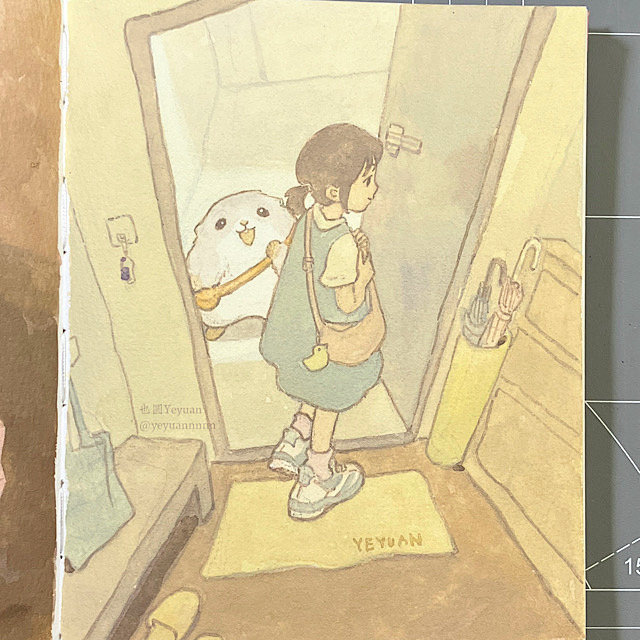 yeyuan33, original, commentary request, painting (medium), photo (medium), traditional media, 1girl, animal, artist name, bag, bag charm, bench, black hair, blue dress, charm (object), closed mouth, doormat, dress, expressionless, full body, hamster, indoors, open door, pinafore dress, ponytail, shoes, short hair, short ponytail, short sleeves, shoulder bag, sleeveless, sleeveless dress, sneakers, socks, solo, twitter username, umbrella stand, walking