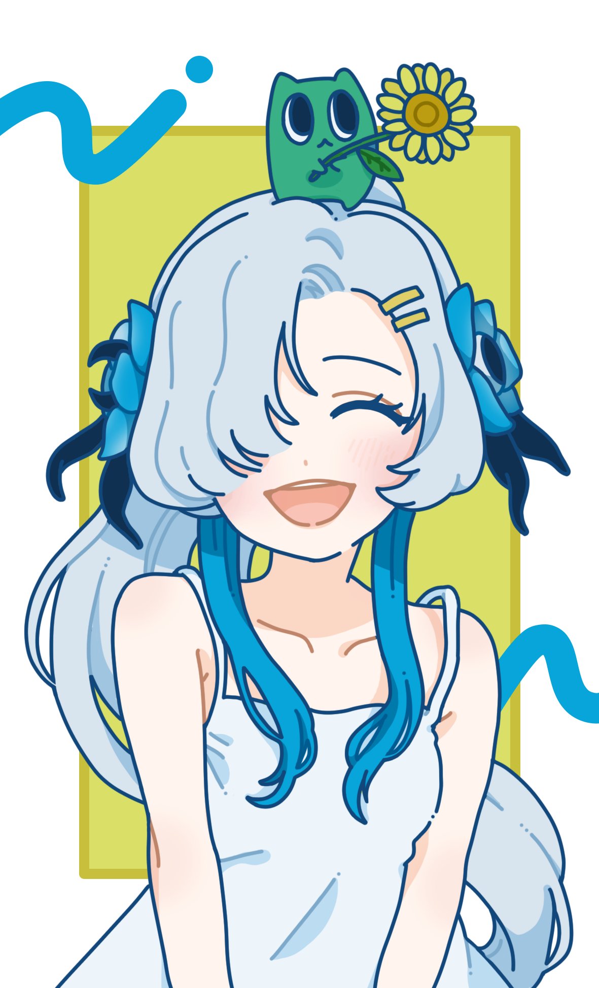 isekaijoucho, kamitsubaki studio, highres, 1girl, bare shoulders, blue hair, blush, closed eyes, creature, dress, facing viewer, flower, gomidasu (kamitsubaki studio), grey hair, hair flower, hair ornament, hair over one eye, long hair, mohe onpu, multicolored hair, smile, solo, sundress, two-tone hair, white dress