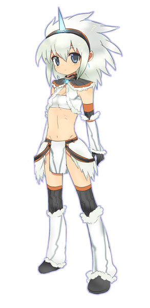 dadami, capcom, monster hunter (series), silver hair, bad id, bad pixiv id, 1girl, blue eyes, blush, child, female focus, hairband, horns, kirin (armor), loincloth, midriff, single horn, skinny, solo, thighhighs