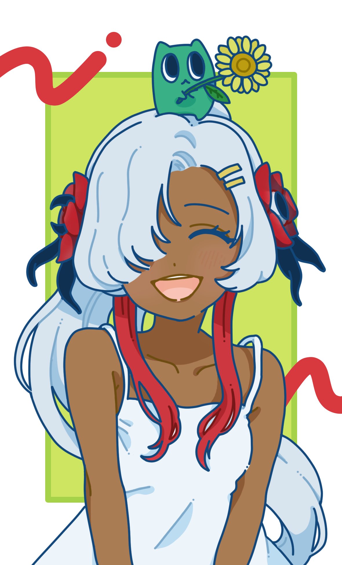 isekaijoucho, kamitsubaki studio, highres, 1girl, bare shoulders, blush, closed eyes, creature, dress, facing viewer, flower, gomidasu (kamitsubaki studio), grey hair, hair flower, hair ornament, hair over one eye, long hair, mohe onpu, multicolored hair, red hair, smile, solo, sundress, tan, two-tone hair, white dress