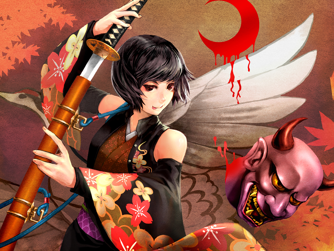 minoo, original, 1girl, :p, black hair, blood, demon, detached sleeves, female focus, japanese clothes, katana, red eyes, severed head, sheath, short hair, solo, sword, tongue, tongue out, unsheathing, weapon, wings