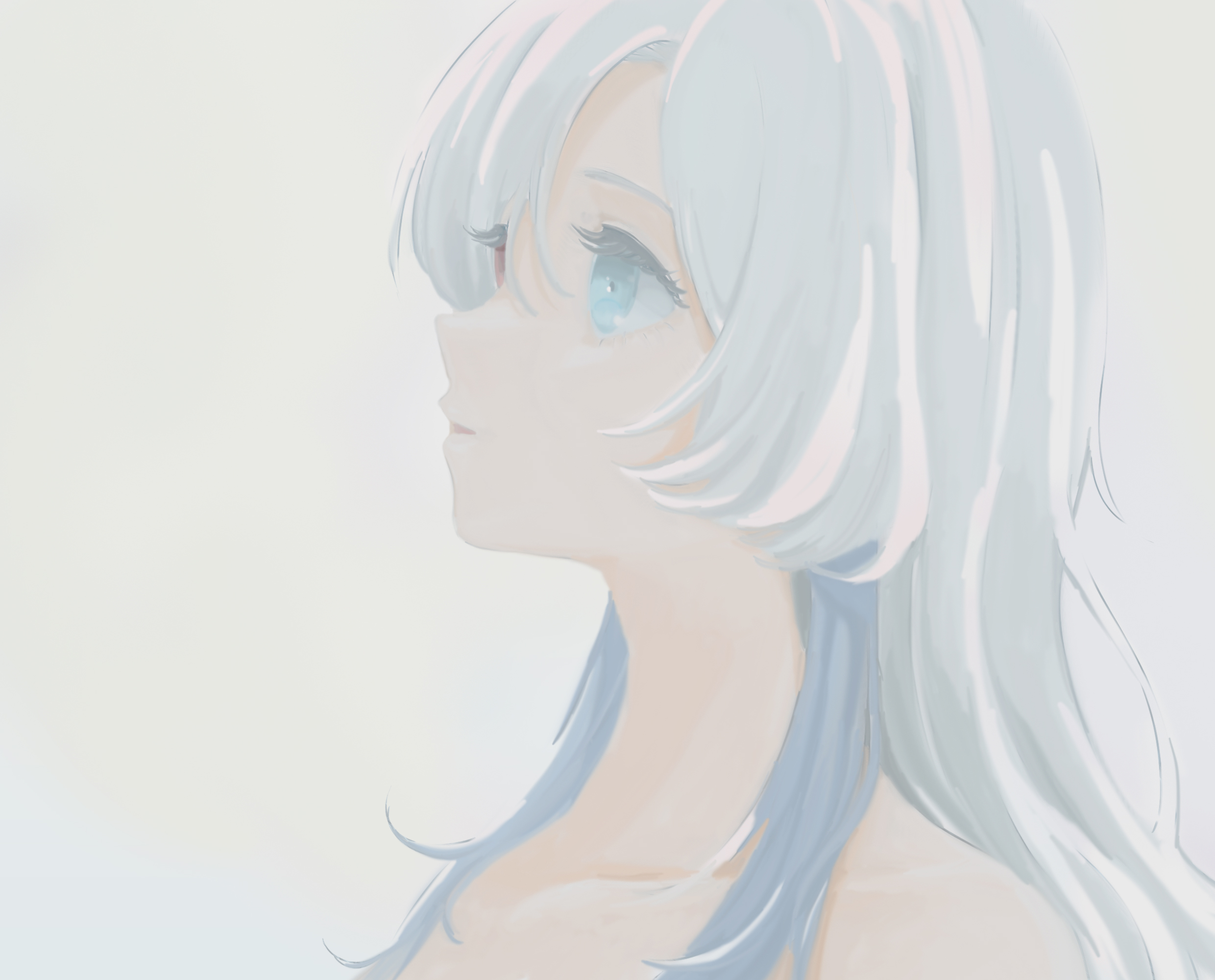 isekaijoucho, kamitsubaki studio, highres, 1girl, bare shoulders, blue eyes, blue hair, expressionless, heterochromia, long hair, looking up, mohe onpu, multicolored hair, parted lips, red eyes, solo, two-tone hair, upper body, white hair