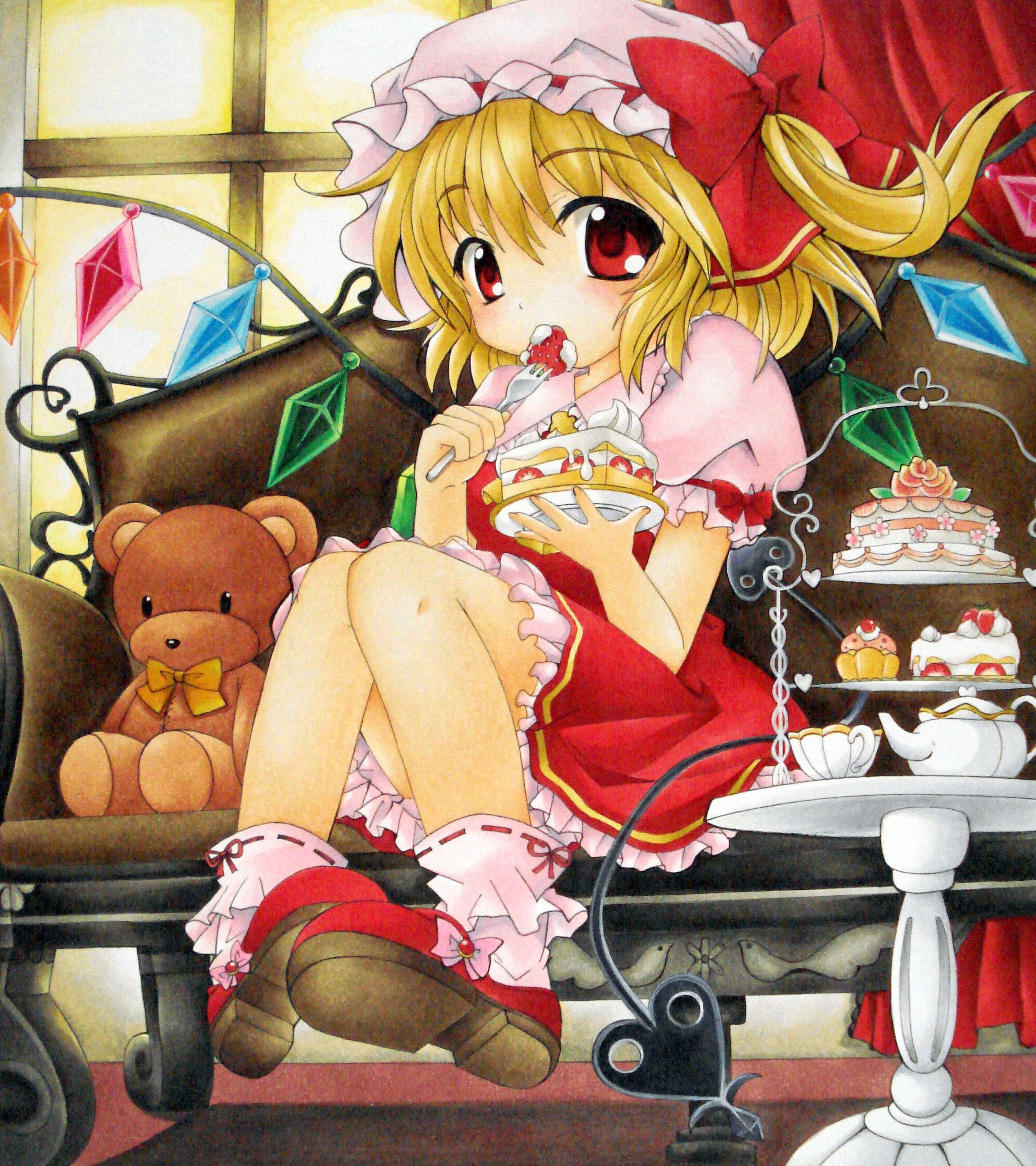 yuki tsuki sou, yukitsuki kokoro, flandre scarlet, touhou, highres, traditional media, 1girl, blonde hair, bobby socks, brown upholstery, cake, cake slice, cup, dress, eating, female focus, food, fork, fruit, hat, heart, looking at viewer, mob cap, pastry, ponytail, red dress, red eyes, red shoes, shikishi, shoes, short hair, side ponytail, sitting, socks, solo, strawberry, strawberry shortcake, stuffed animal, stuffed toy, teacup, teapot, teddy bear, tiered serving stand, tiered tray, wings