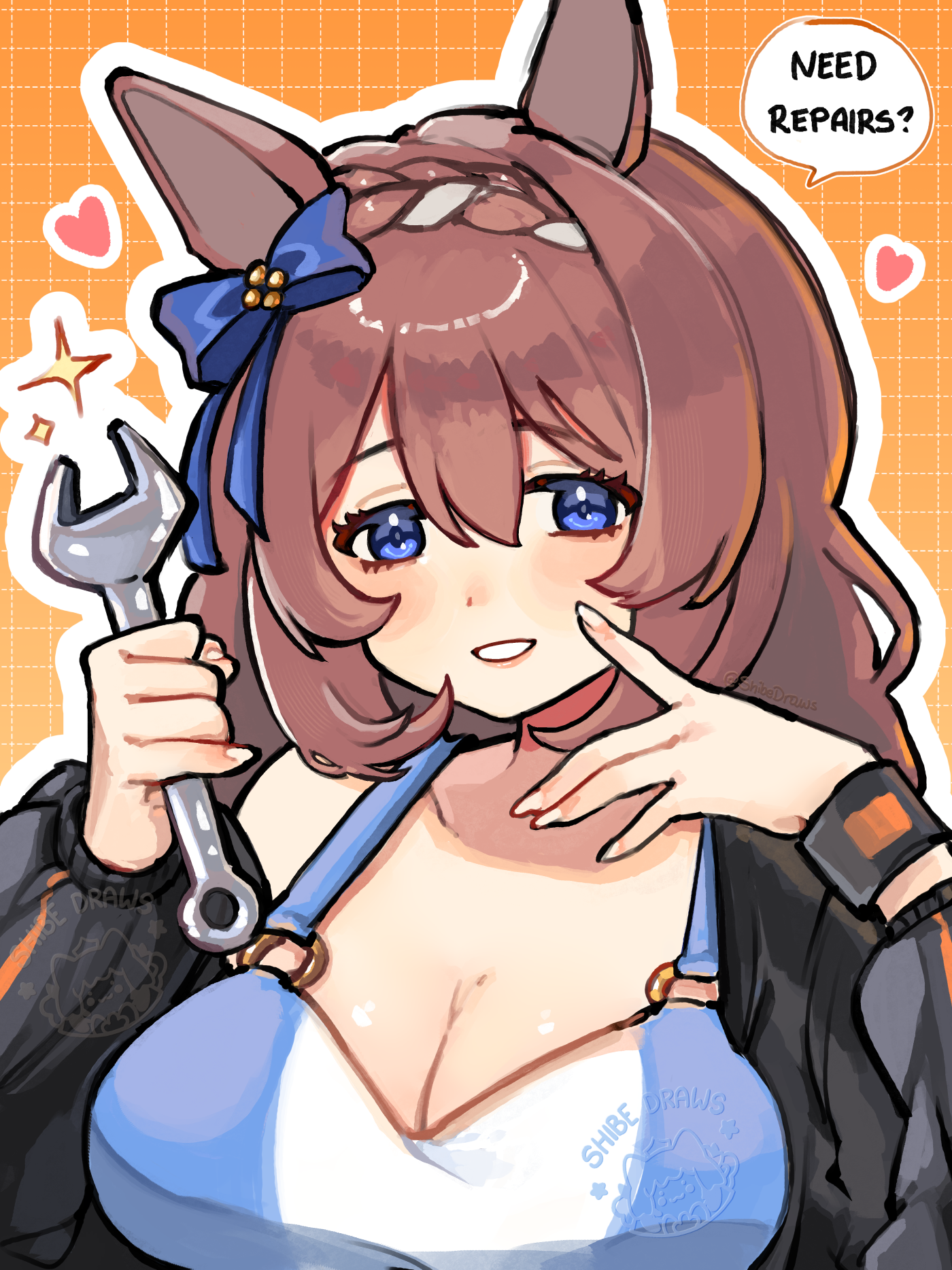 shibedraws, super creek (umamusume), umamusume, umamusume: cinderella gray, highres, 1girl, alternate costume, animal ears, black jacket, blue bow, blue eyes, blue sports bra, blush, bow, braid, breasts, brown hair, cleavage, collarbone, ear bow, english text, hair between eyes, heart, holding, holding wrench, horse ears, horse girl, jacket, large breasts, long hair, looking at viewer, multicolored hair, open clothes, open jacket, open mouth, smile, solo, speech bubble, sports bra, star (symbol), streaked hair, tail, upper body, very long hair, white hair, white sports bra, wrench, wristband