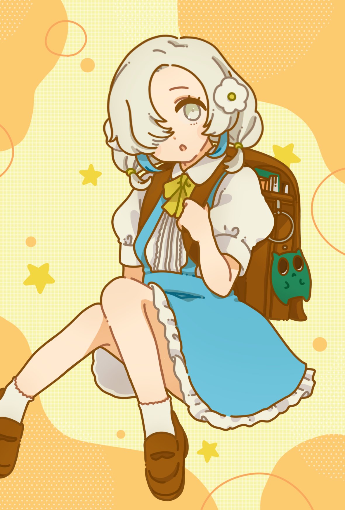 isekaijoucho, kamitsubaki studio, highres, 1girl, aged down, backpack, bag, blue hair, charm (object), dress, flower, gomidasu (kamitsubaki studio), grey eyes, grey hair, hair flower, hair ornament, hair over one eye, looking at viewer, mohe onpu, multicolored hair, open mouth, short hair, solo, two-tone hair