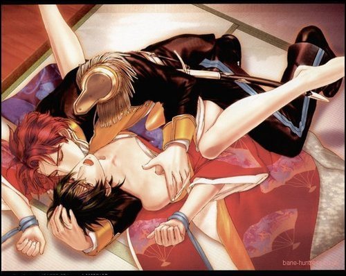 artist request, lowres, source request, 2boys, anal, bare legs, bare shoulders, barefoot, bdsm, bondage, bound, bound wrists, indoors, japanese clothes, kimono, kiss, lying, male focus, male penetrated, moaning, multiple boys, off shoulder, on back, open mouth, red kimono, sex, yaoi