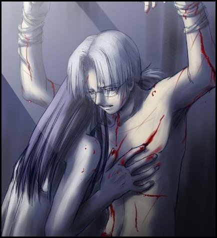 orochimaru (naruto), yakushi kabuto, naruto (classic), naruto (series), tied up, artist request, lowres, 2boys, blood, bound, forced, indoors, male focus, multiple boys, rape, yaoi