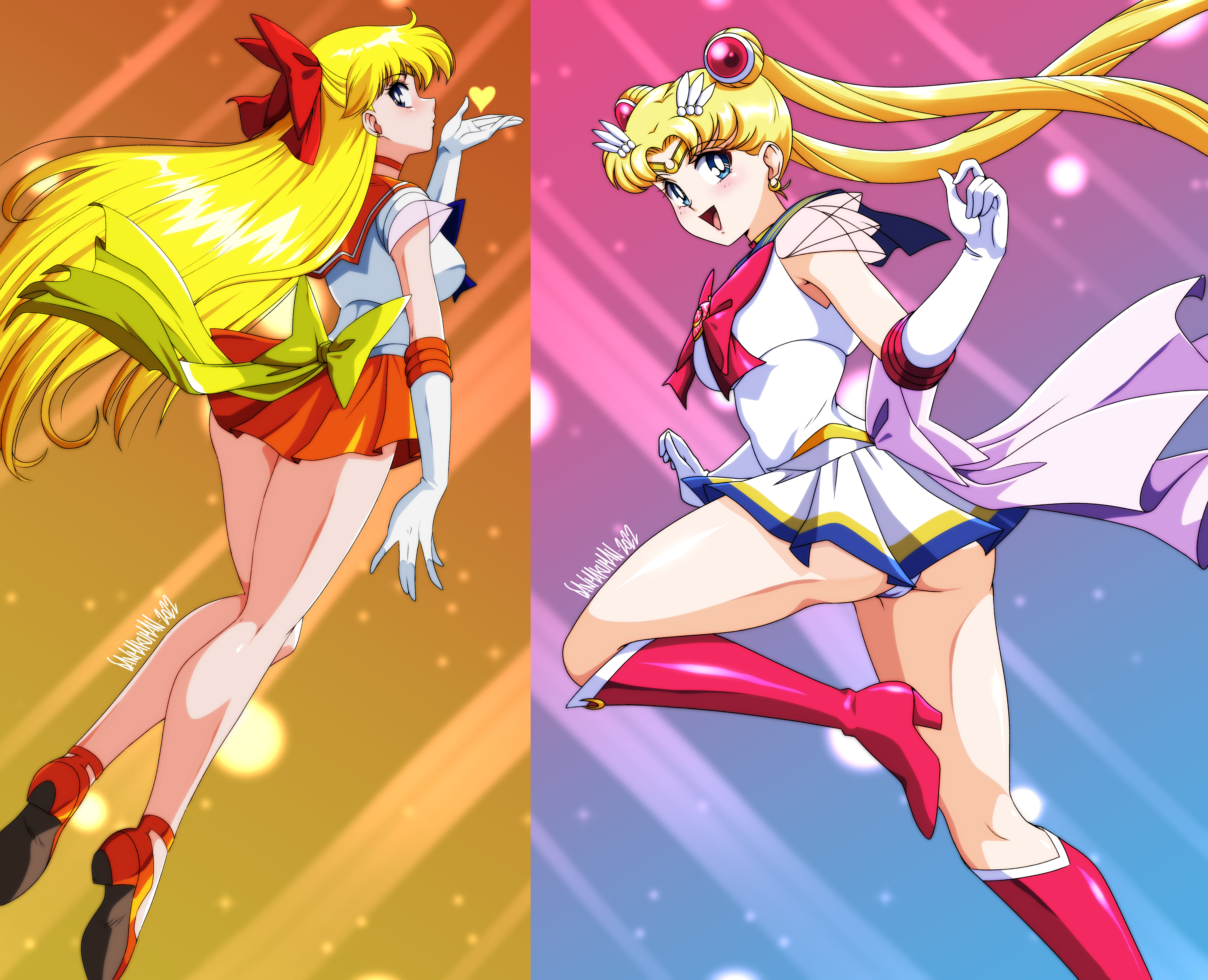 danmakuman, aino minako, sailor moon, sailor venus, super sailor moon, tsukino usagi, adult swim, bishoujo senshi sailor moon, bishoujo senshi sailor moon r, bishoujo senshi sailor moon r: the movie, bishoujo senshi sailor moon s, bishoujo senshi sailor moon s: the movie, bishoujo senshi sailor moon supers, bishoujo senshi sailor moon supers the movie: sailor 9 senshi shuuketsu! black dream hole no kiseki, toei company, toonami, absurdres, commentary, highres, 2girls, artist name, ass, blonde hair, blue eyes, blush, bow, breasts, choker, closed mouth, earrings, elbow gloves, from behind, full body, gloves, gradient background, hair bow, inner senshi, jewelry, long hair, looking at viewer, looking back, medium breasts, miniskirt, multiple girls, odango hair, orange background, pleated skirt, sailor collar, sailor senshi, sailor senshi uniform, shiny skin, shoes, signature, simple background, skirt, thighs, tiara, viz media
