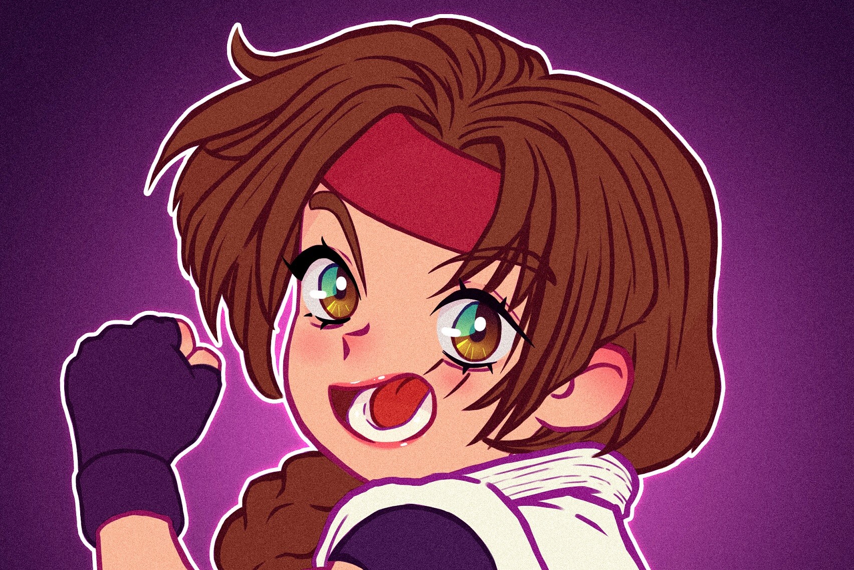 yuri sakazaki, the king of fighters, 1girl, braid, braided ponytail, brown eyes, brown hair, dougi, female focus, ghandourizm, gloves, hairband, karate gi, long hair, looking at viewer, pale skin, ponytail, smile, smiley face