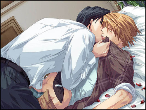 lowres, tagme, bed, blush, handjob, kiss, male focus, penis, undressing, yaoi