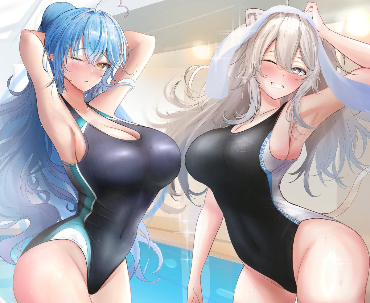 waniwani (wasabiwaniwani), shishiro botan, yukihana lamy, hololive, 2girls, ahoge, animal ear piercing, animal ears, blue hair, blush, breasts, competition swimsuit, cowboy shot, grey eyes, grey hair, hair between eyes, heart, heart ahoge, indoors, large breasts, lion ears, lion girl, long hair, multicolored hair, multiple girls, one-piece swimsuit, one eye closed, pointy ears, pool, smile, streaked hair, swimsuit, towel, virtual youtuber, water