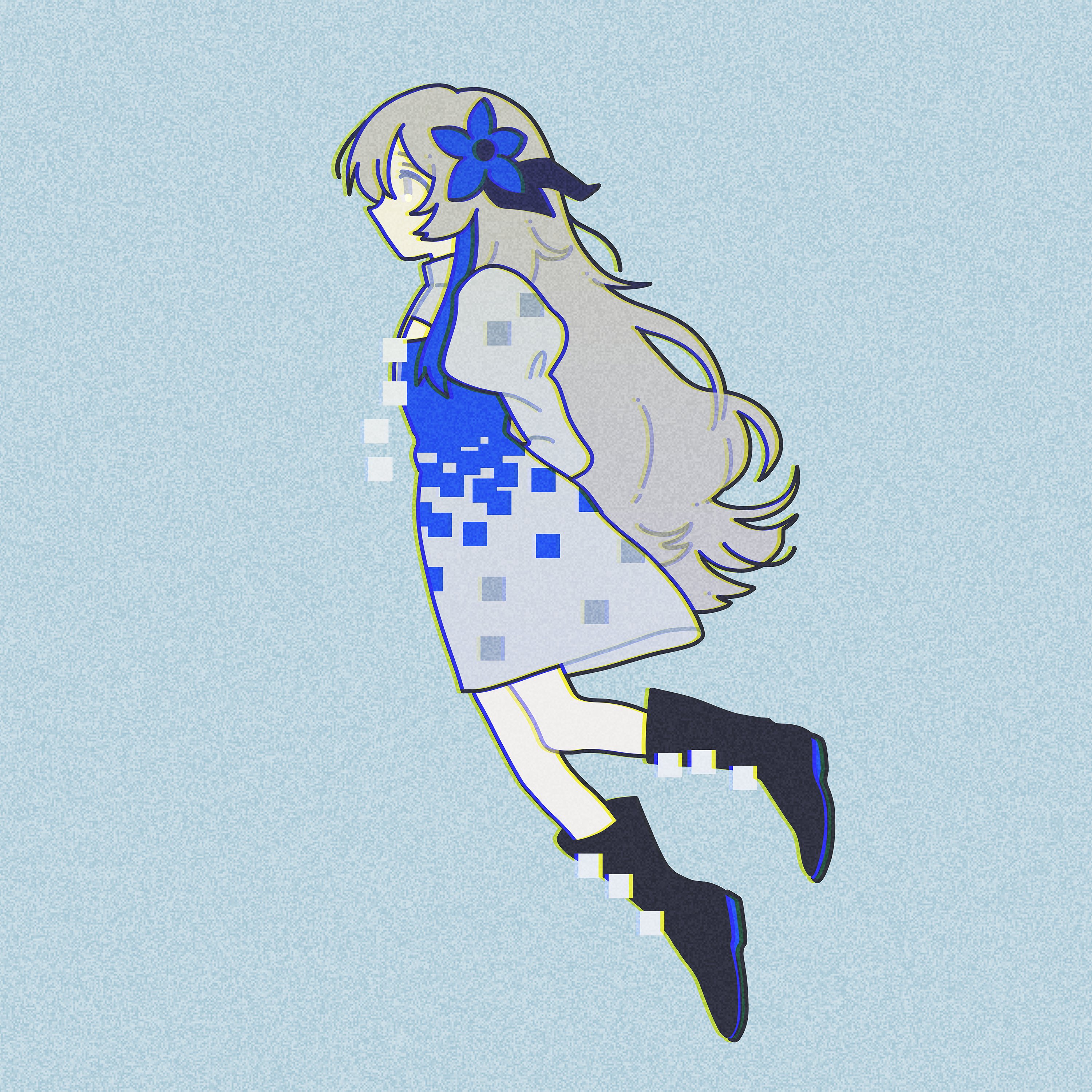 isekaijoucho, kamitsubaki studio, absurdres, highres, 1girl, blue hair, boots, dress, from side, full body, grey eyes, grey hair, long hair, mohe onpu, multicolored hair, new world (aiobahn), pantyhose, profile, solo, two-tone hair, very long hair, white pantyhose