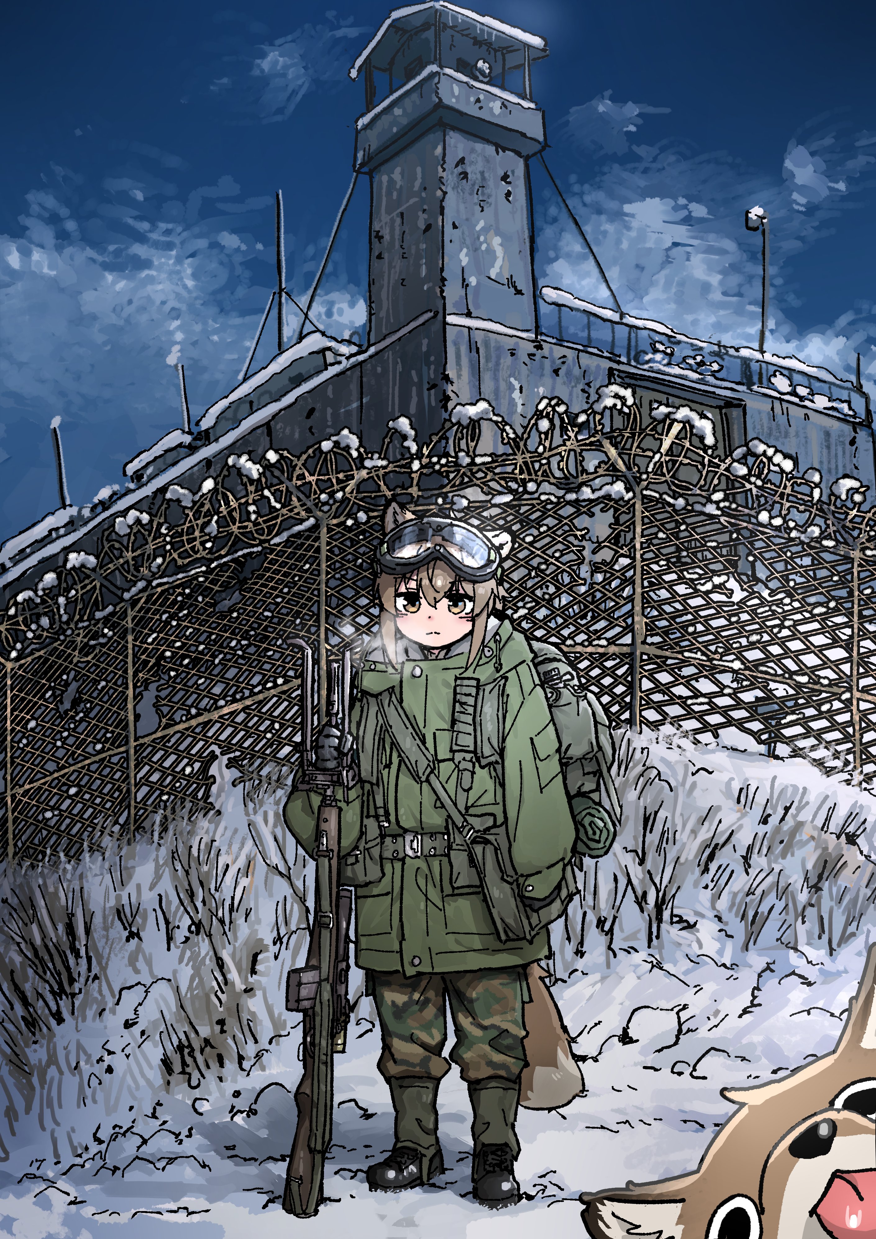 yihan world, fox girl (yihan world), original, absurdres, highres, 1girl, animal ears, barbed wire, chain-link fence, cold, fence, fox, fox ears, fox girl, holding, holding weapon, light frown, snow, weapon