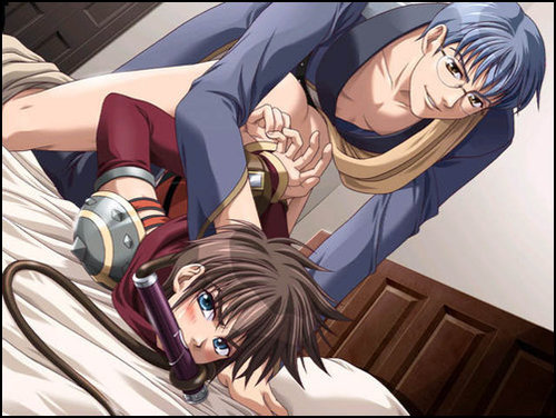takatsuki noboru, hector, might, silver chaos, vividcolor, game cg, lowres, 2boys, anal, angry, arched back, bdsm, bed, blue eyes, blush, bondage, bottomless, bound, clothes pull, doggystyle, forced, gag, glasses, male focus, male penetrated, multiple boys, no panties, pants, pants pull, pinned, rape, sex, sex from behind, top-down bottom-up, yaoi
