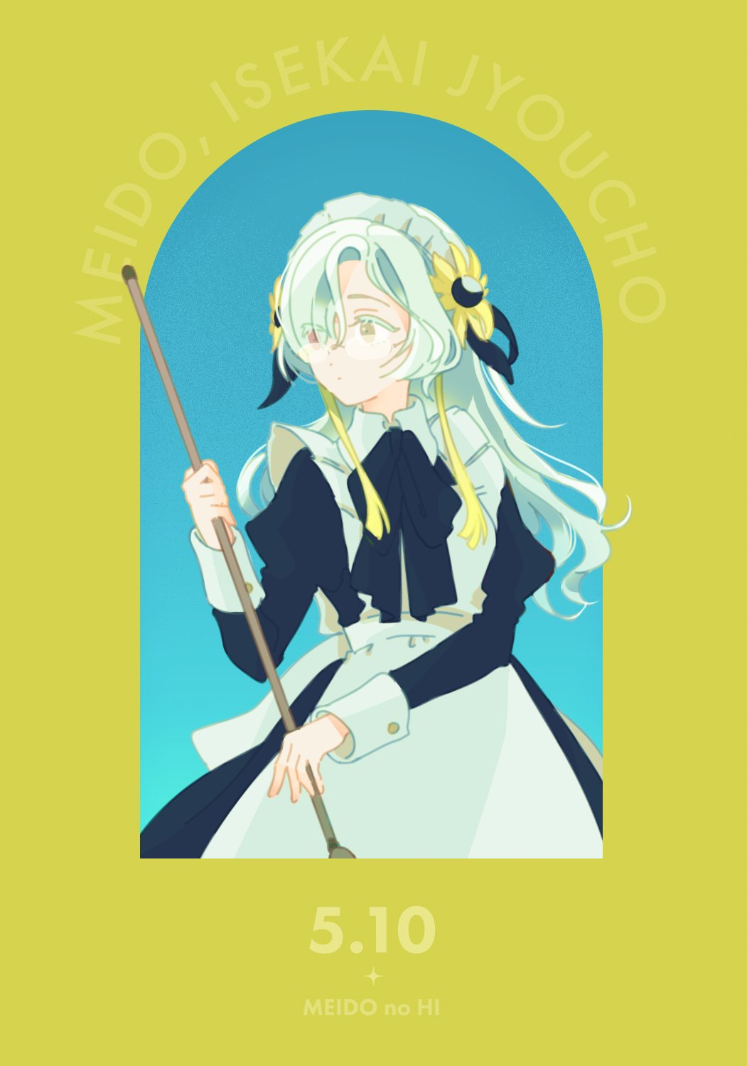 isekaijoucho, kamitsubaki studio, highres, 1girl, alternate costume, apron, blonde hair, dress, enmaided, expressionless, flower, glasses, grey hair, hair flower, hair ornament, heterochromia, looking to the side, maid, maid day, maid headdress, mohe onpu, multicolored hair, red eyes, solo, two-tone hair, yellow eyes