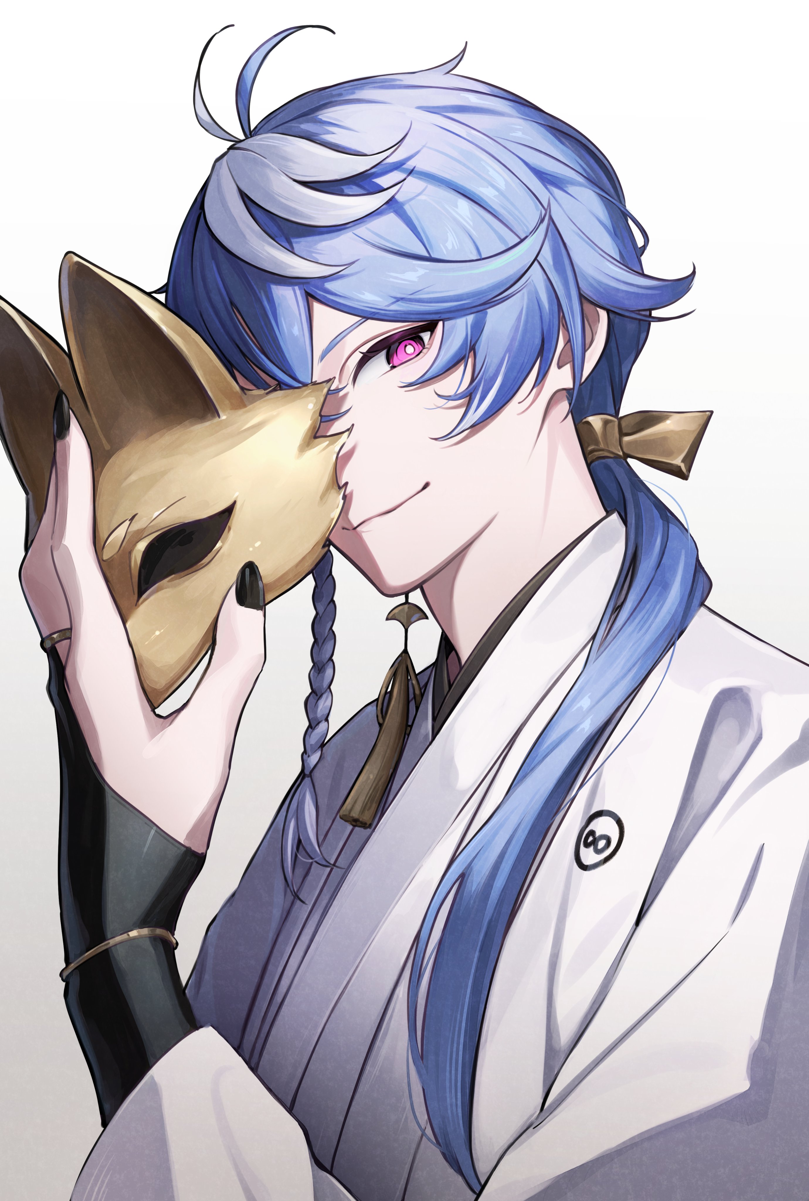 kumaaa yay, fox mask (silent hill), octavio, holostars, holostars english, silent hill (series), silent hill f, absurdres, highres, 1boy, ahoge, alternate costume, black gloves, black nails, blue hair, closed mouth, fox mask, gloves, japanese clothes, kimono, long hair, looking at viewer, low ponytail, male focus, mask, ponytail, red eyes, simple background, smile, solo, tassel, upper body, virtual youtuber, white background, white kimono