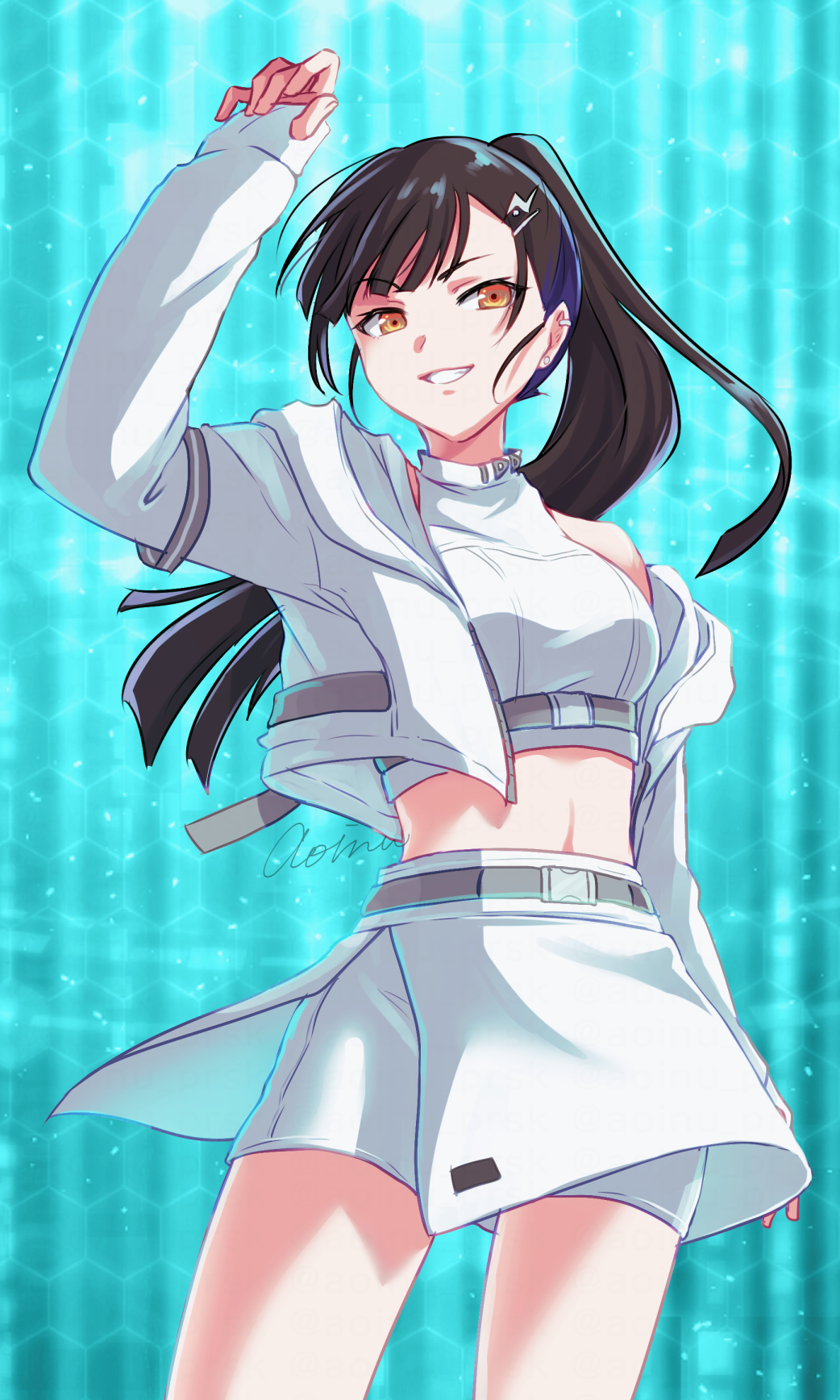 aoinu (shuumatsugeki), project sekai, character request, highres, 1girl, black hair, blue background, cowboy shot, crop top, floating hair, grin, jacket, long hair, looking at viewer, midriff, open clothes, open jacket, orange eyes, ponytail, shorts, shorts under skirt, signature, skirt, smile, solo, standing, stomach, very long hair, white jacket, white shorts, white skirt