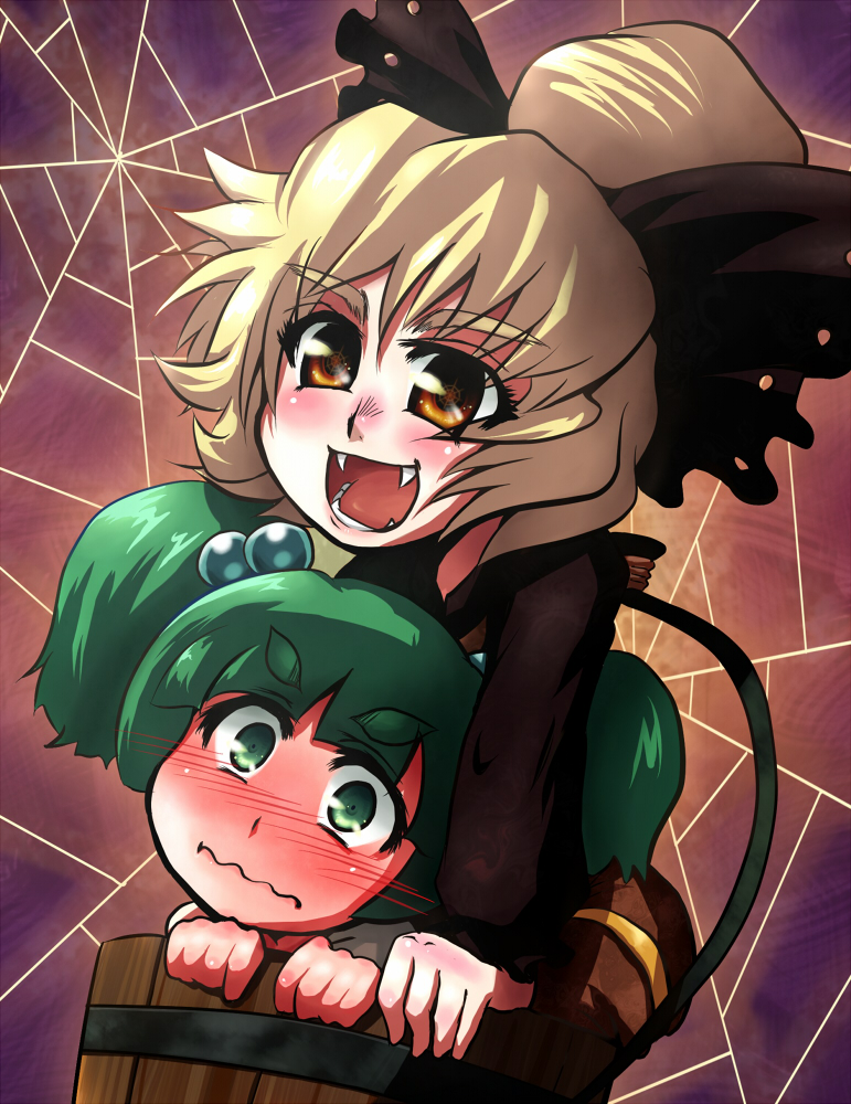 tora (pixiv), tora (trampjing), kisume, kurodani yamame, touhou, eyebrows, 2girls, blush, bucket, fang, fangs, female focus, hair bobbles, hair ornament, in bucket, in container, multiple girls, silk, spider web, symbol-shaped pupils