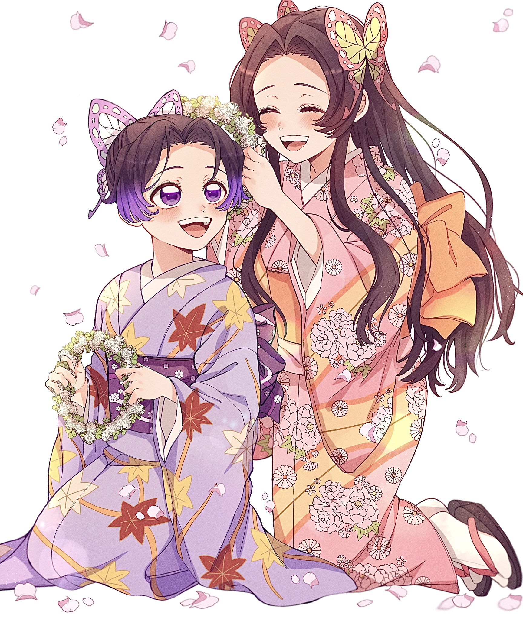 kuze 0131, kochou kanae, kochou shinobu, kimetsu no yaiba, highres, :d, ^ ^, brown hair, butterfly hair ornament, closed eyes, floral print, flower, full body, gradient hair, hair intakes, hair ornament, holding head wreath, japanese clothes, kimono, kneeling, leaf print, long hair, long sleeves, looking at another, looking back, multicolored hair, open mouth, petals, pink kimono, purple eyes, purple hair, purple kimono, short hair, siblings, sisters, smile, very long hair, white background, white flower, wide sleeves, yukata