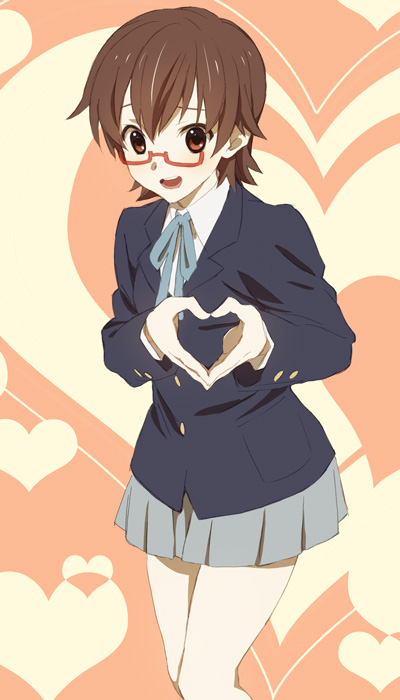 sakaki kuuya, manabe nodoka, k-on!, 00s, 1girl, brown eyes, brown hair, female focus, glasses, heart, heart hands, moe moe kyun!, red-framed eyewear, school uniform, semi-rimless eyewear, short hair, solo, under-rim eyewear