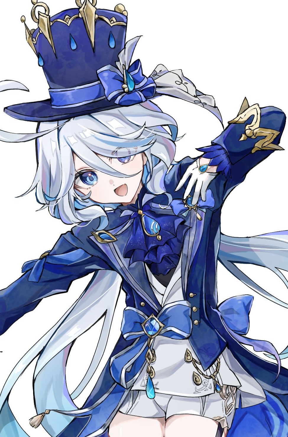 ayateru (ayaki geme), furina (genshin impact), genshin impact, highres, 1girl, :d, ahoge, black shirt, blue bow, blue eyes, blue gemstone, blue hat, blue jacket, blue ribbon, bow, cowboy shot, eyes visible through hair, floating hair, gem, gloves, hair between eyes, hat, hat bow, hat ribbon, jacket, long hair, long sleeves, looking at viewer, mismatched pupils, open mouth, ribbon, shirt, short shorts, shorts, simple background, smile, solo, standing, top hat, very long hair, vest, white background, white gloves, white hair, white shorts, white vest