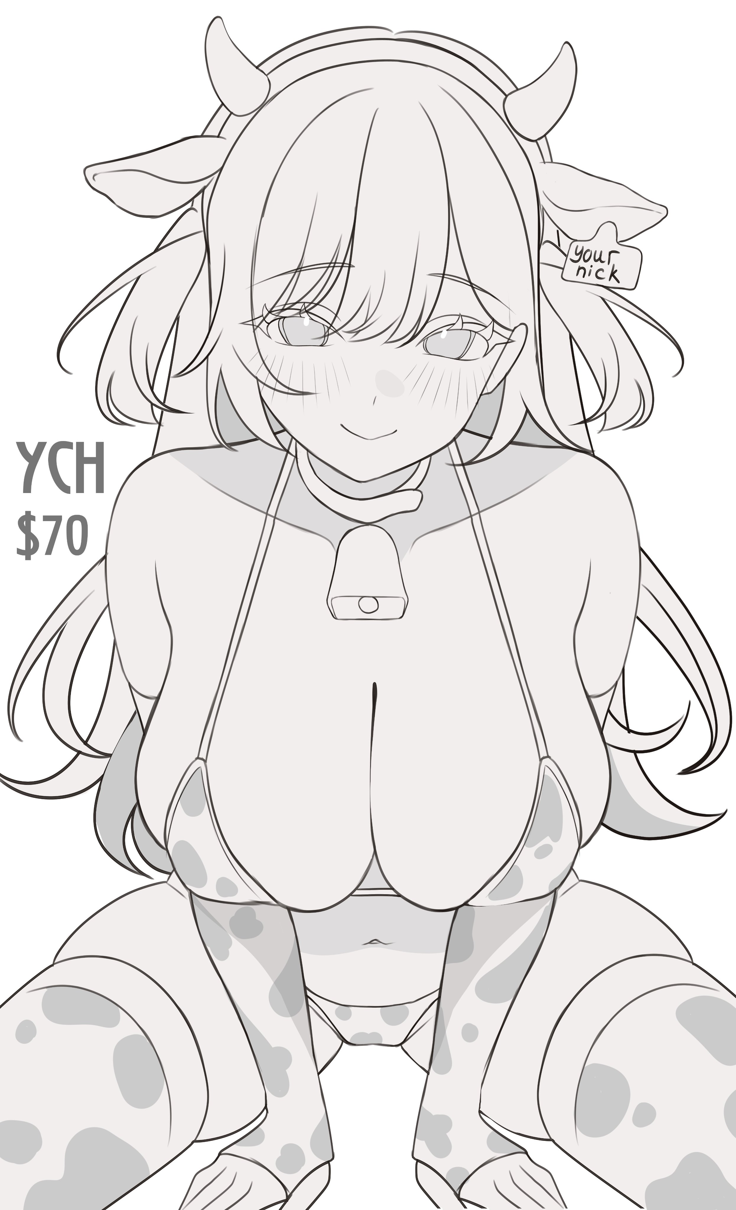 rosheil, original, absurdres, commentary, english commentary, highres, 1girl, animal ear hairband, animal ears, animal print, bell, between legs, bikini, breasts, cleavage, closed mouth, collar, collarbone, cow ear hairband, cow ears, cow horns, cow print, cow print bikini, cow print sleeves, cow print thighhighs, cowbell, cowboy shot, detached sleeves, ear tag, fake animal ears, fake horns, greyscale, hairband, hand between legs, horn hairband, horns, large breasts, long hair, looking at viewer, monochrome, navel, neck bell, parted bangs, price, print bikini, print thighhighs, simple background, sitting, skindentation, smile, solo, swimsuit, thighhighs, white background