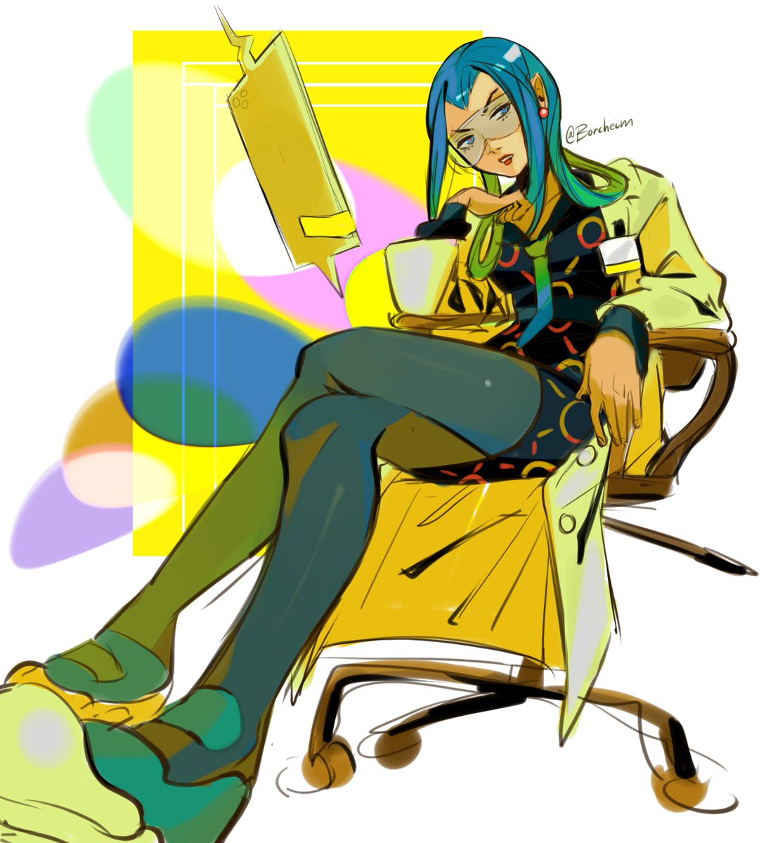 borcheim, mable (pokemon), rotom, rotom phone, nintendo, pokemon, pokemon legends: z-a, highres, 1girl, black dress, blue eyes, blue hair, breasts, chair, coat, dress, earrings, gen 4 pokemon, glasses, hair rings, jewelry, lab coat, lipstick, long hair, long sleeves, looking at viewer, makeup, necktie, on chair, open clothes, open coat, pantyhose, parted lips, pokemon (creature), red lips, safety glasses, shoes, sitting, tablet pc, white coat