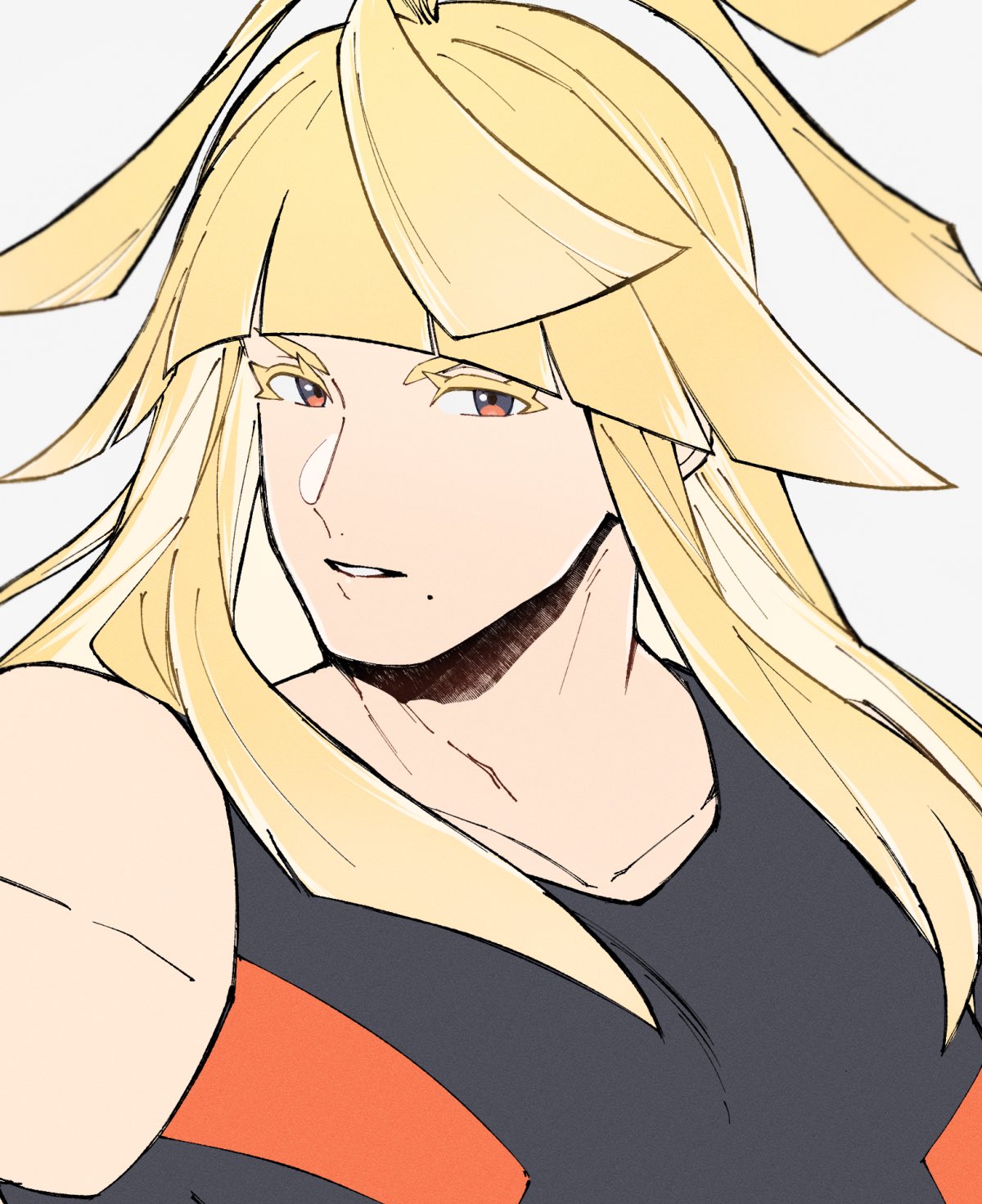 mocollie, ivor (pokemon), nintendo, pokemon, pokemon legends: z-a, commentary request, highres, 1boy, arched bangs, black shirt, blonde hair, brown eyes, collarbone, colored eyelashes, long hair, looking at viewer, male focus, mole, mole under mouth, shirt, simple background, sleeveless, sleeveless shirt, solo, upper body, white background