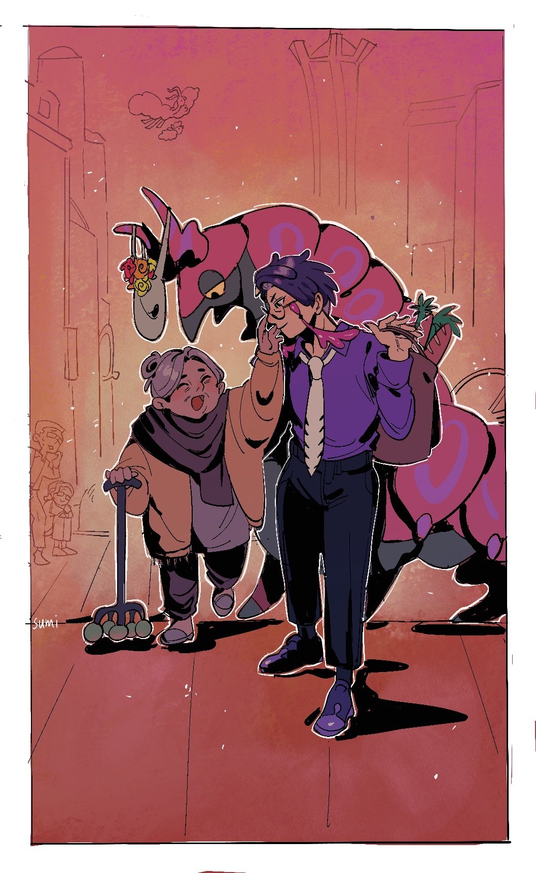 mei (manjunii), altaria, corbeau (pokemon), scolipede, swablu, nintendo, pokemon, pokemon legends: z-a, commentary, highres, 1boy, 1girl, :d, arm up, black pants, border, cane, closed eyes, closed mouth, collared shirt, gen 3 pokemon, gen 5 pokemon, glasses, grey hair, grey shirt, hand up, holding, indoors, long sleeves, necktie, old, old woman, open mouth, pants, pokemon (creature), purple shirt, scarf, shirt, shoes, short hair, signature, slippers, smile, standing, white border