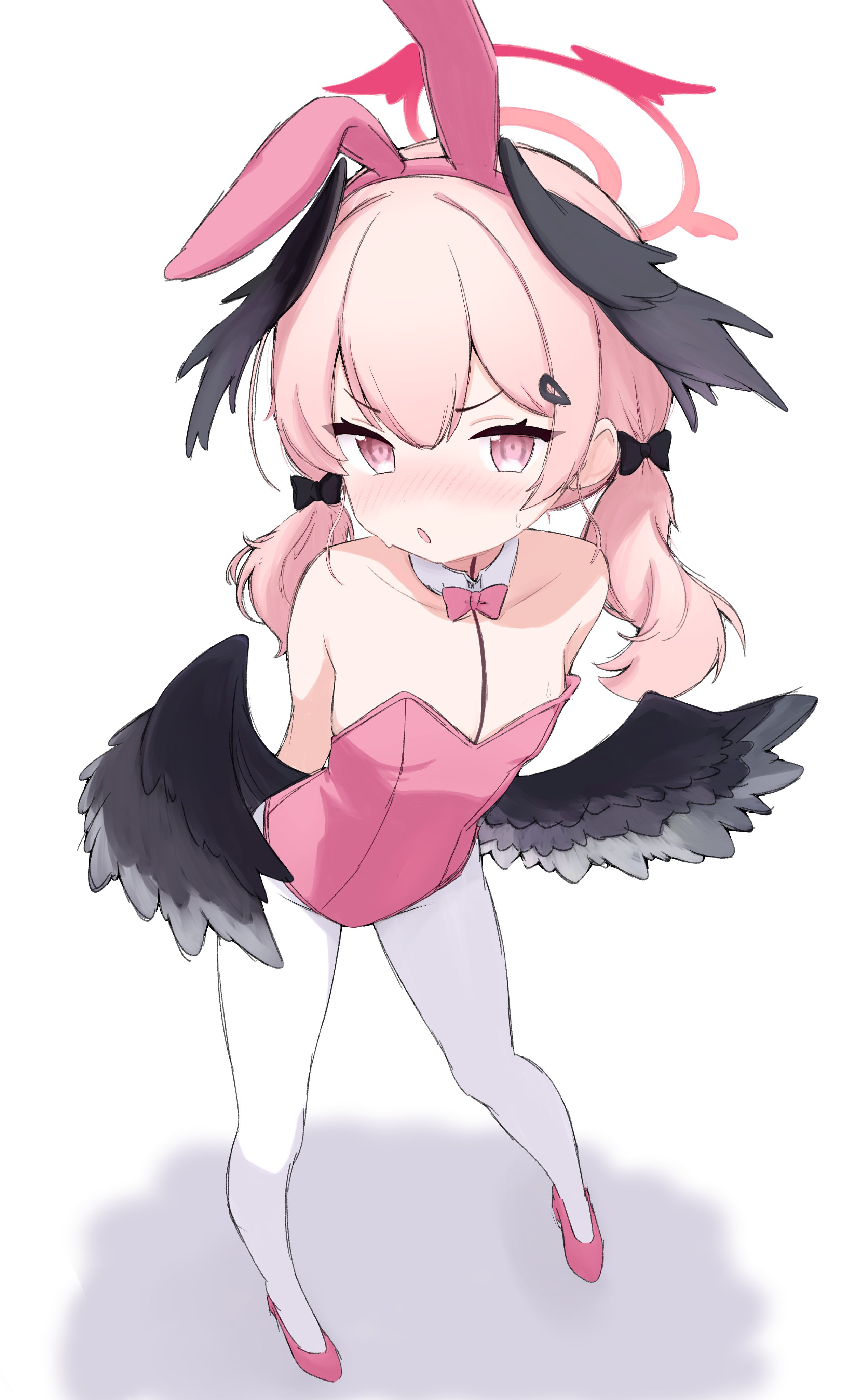 noiriririri, koharu (blue archive), blue archive, absurdres, highres, 1girl, alternate costume, animal ears, bare shoulders, black bow, black wings, blush, bow, bowtie, breasts, collarbone, detached collar, fake animal ears, feathered wings, full body, hair bow, halo, head wings, high heels, leotard, long hair, looking at viewer, low twintails, low wings, open mouth, pantyhose, pink bow, pink bowtie, pink eyes, pink hair, pink halo, pink leotard, pink shoes, playboy bunny, rabbit ears, shoes, simple background, small breasts, solo, standing, strapless, strapless leotard, twintails, white background, white pantyhose, wings